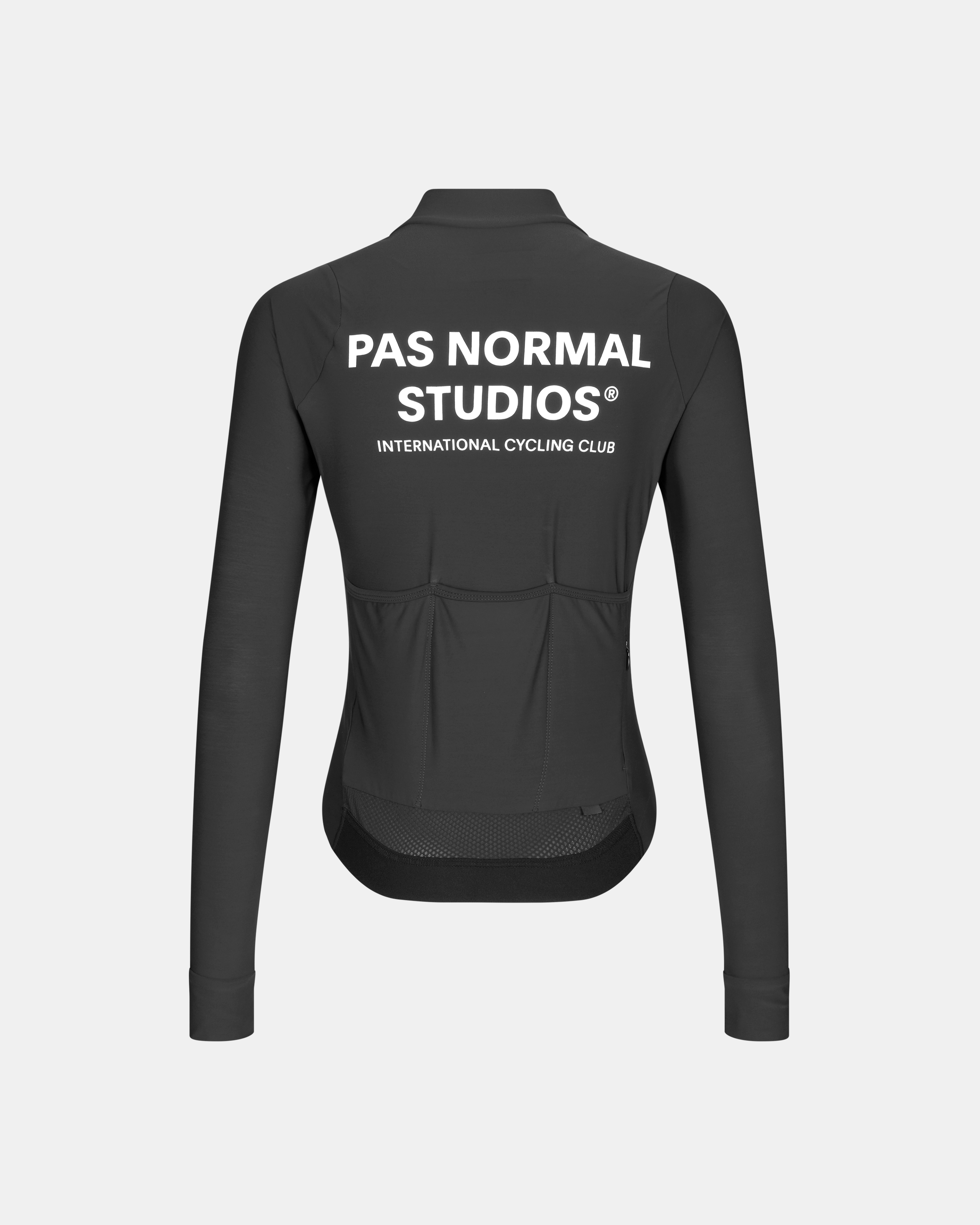 Black Mechanism long sleeve cycling jersey, rear view with white back print and rear pockets