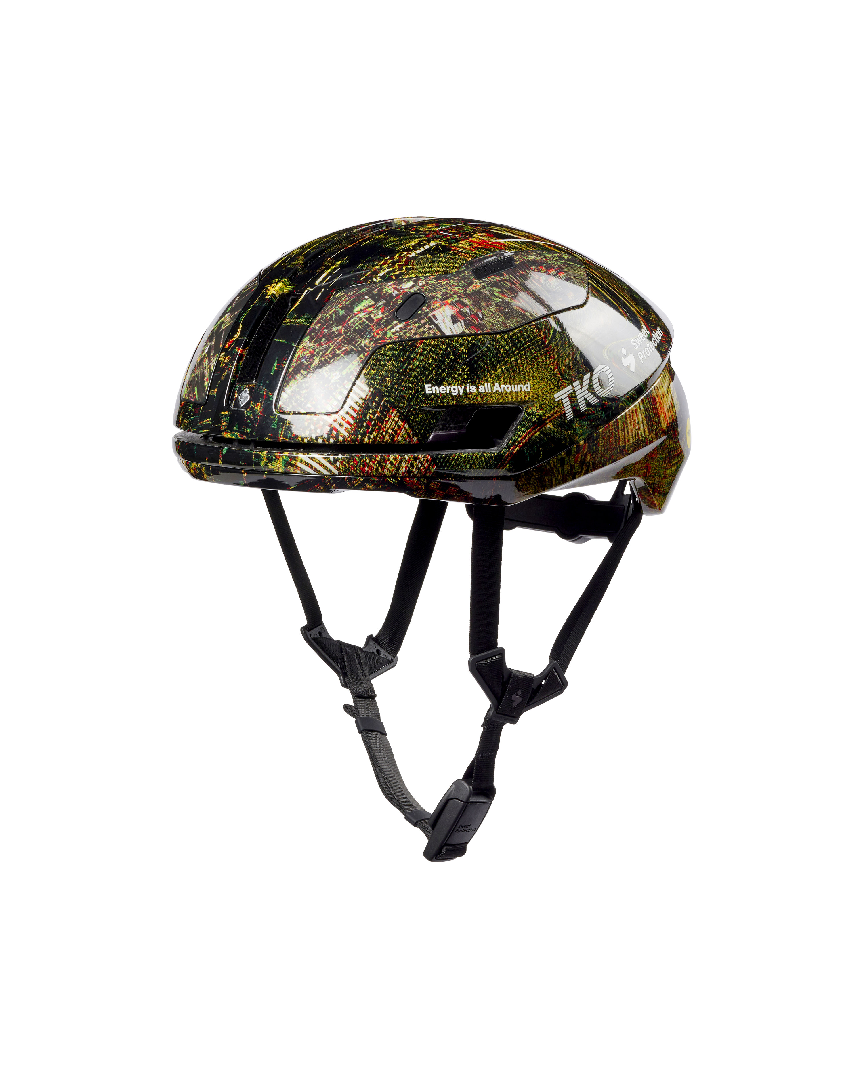 Human Error Green T.K.O. Sweet Protection Falconer Aero 2Vi MIPS cycling helmet, side view with multicolor graphic print