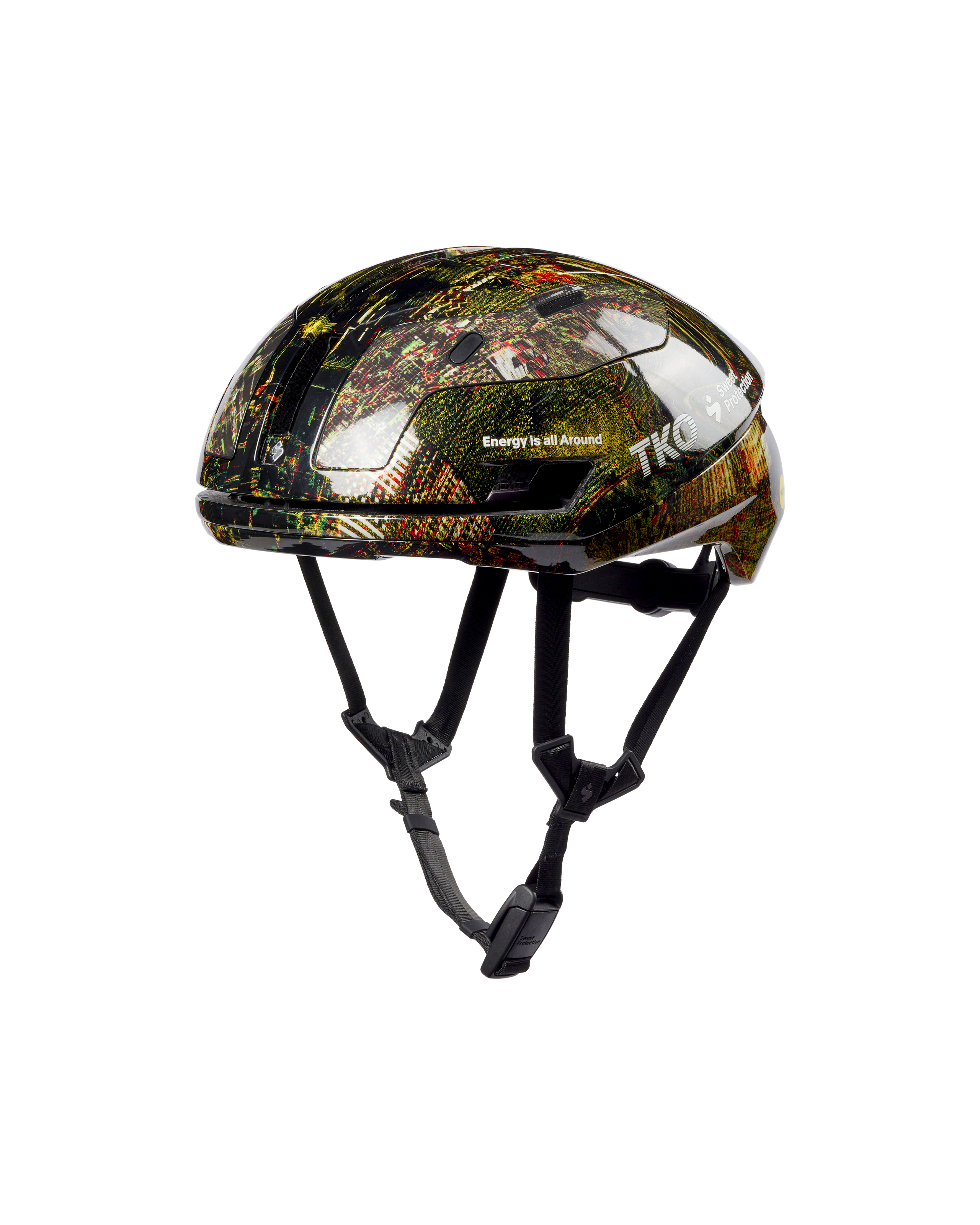 Human Error Green T.K.O. Sweet Protection Falconer Aero 2Vi MIPS cycling helmet, side view with multicolor graphic print
