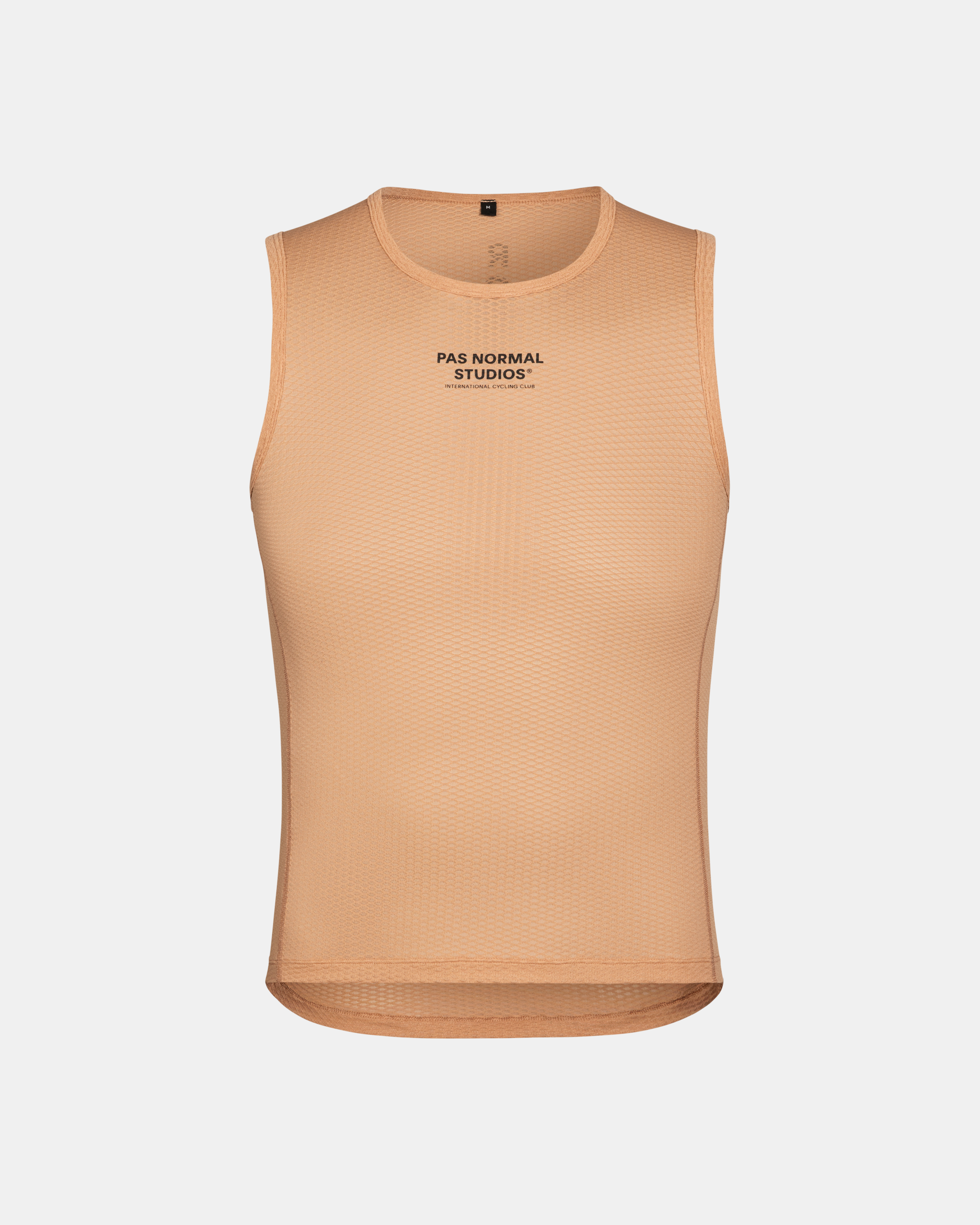 Camel Mechanism sleeveless cycling base layer, front view with textured mesh fabric