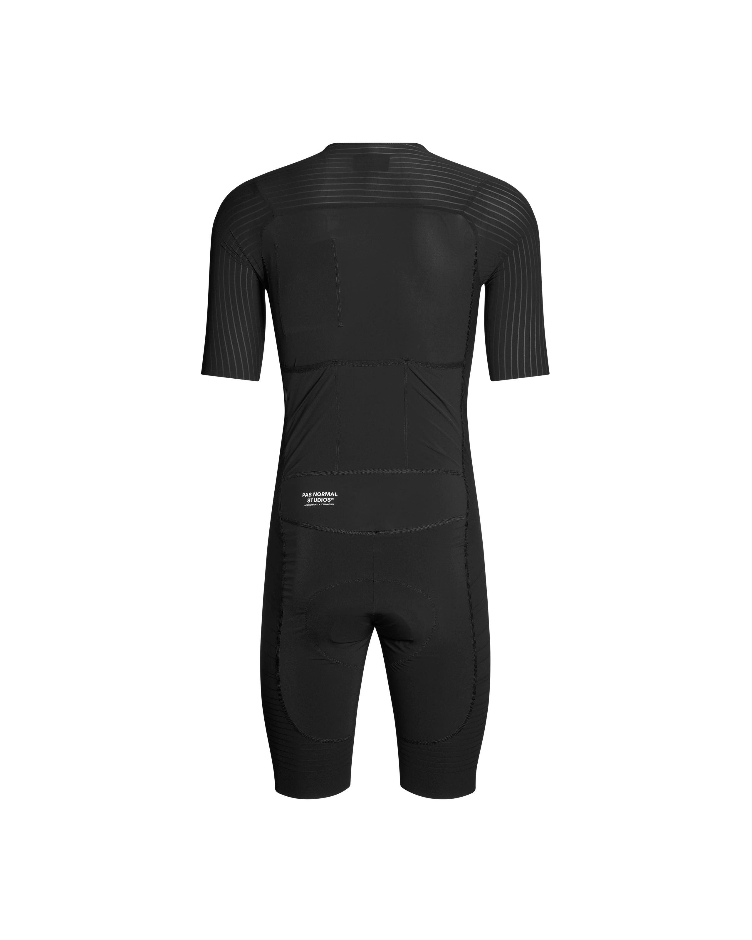 Black Mechanism Pro Speedsuit cycling skinsuit, rear view with striped shoulder and arm panels