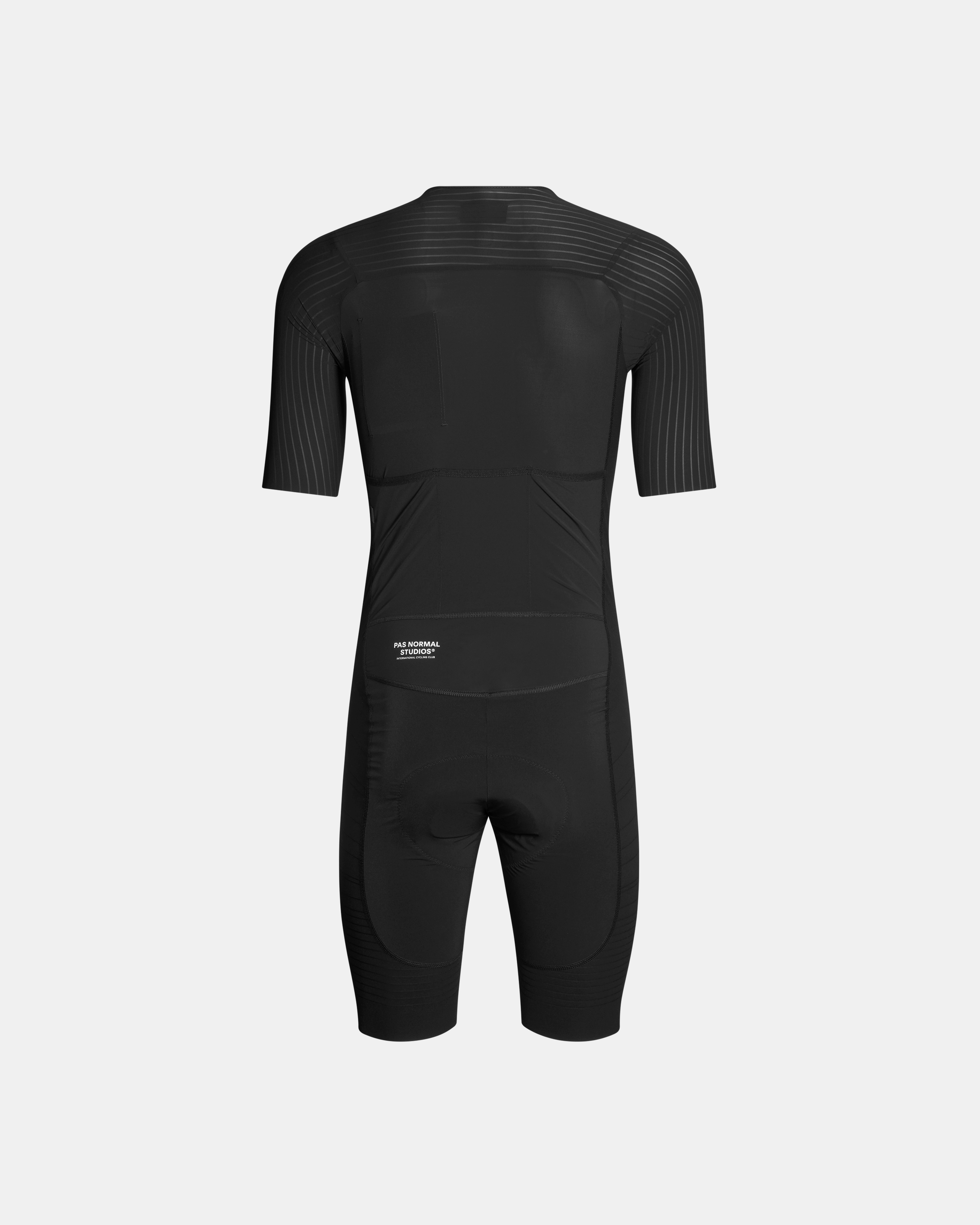 Black Mechanism Pro Speedsuit cycling skinsuit, rear view with striped shoulder and arm panels