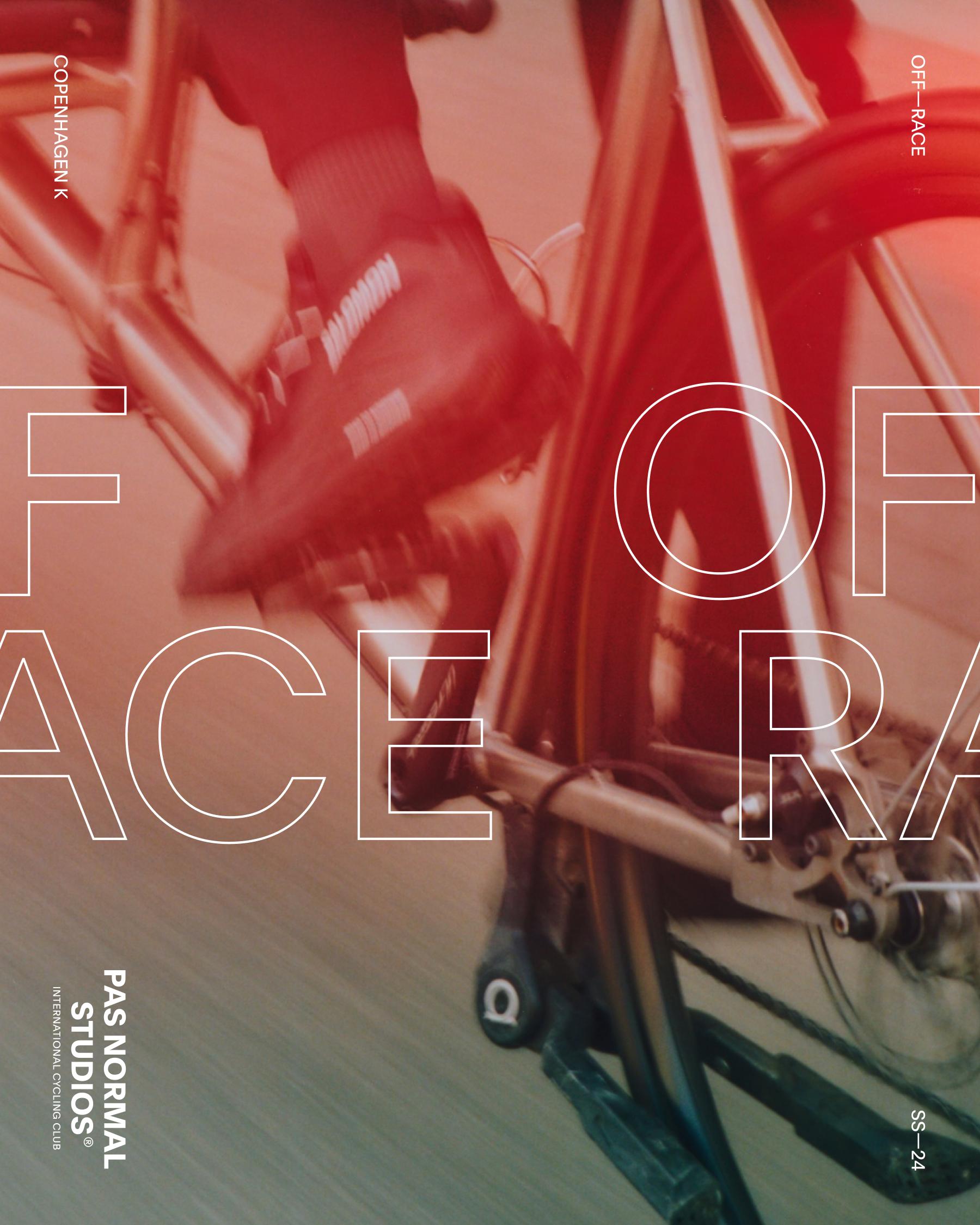 Off-Race SS24 lookbook cover with cyclist and bike in red-tinted studio setting