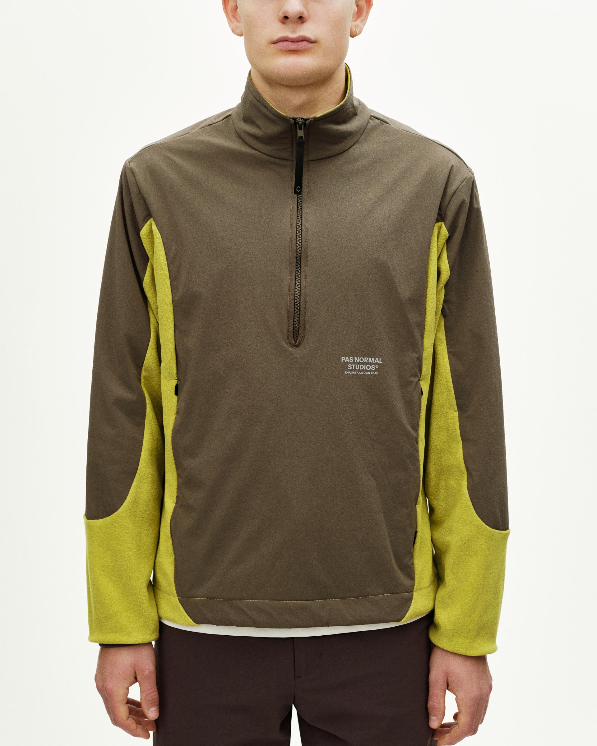 Moss Green Off-Race Light Fleece half-zip on model with yellow contrast panels