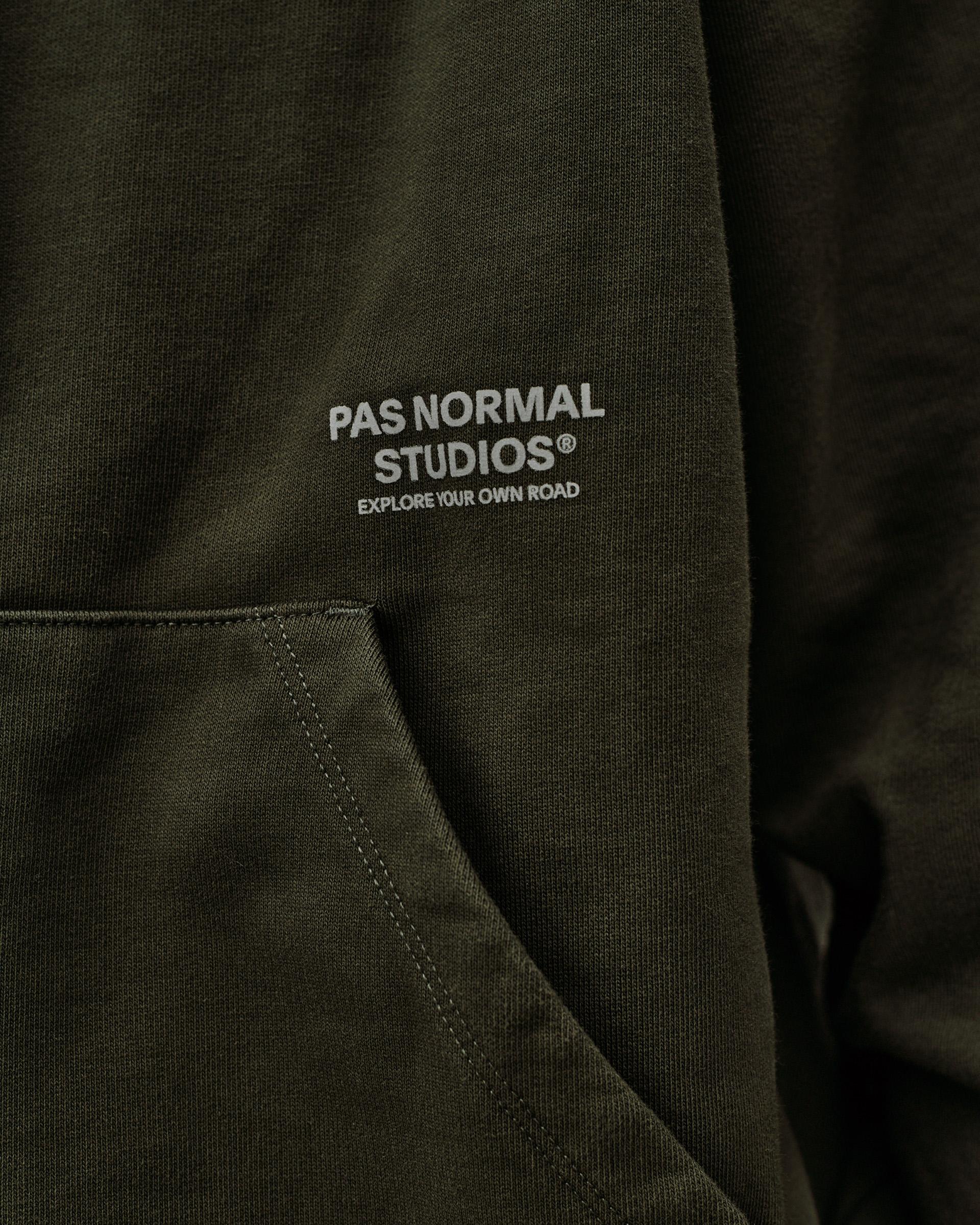 Dark Olive Off-Race hoodie, detail view of chest logo print and kangaroo pocket