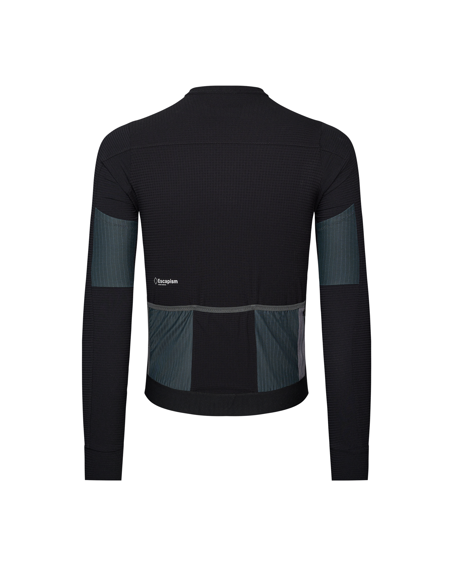 Black Escapism long sleeve cycling jersey, rear view with blue mesh panels and reflective trim