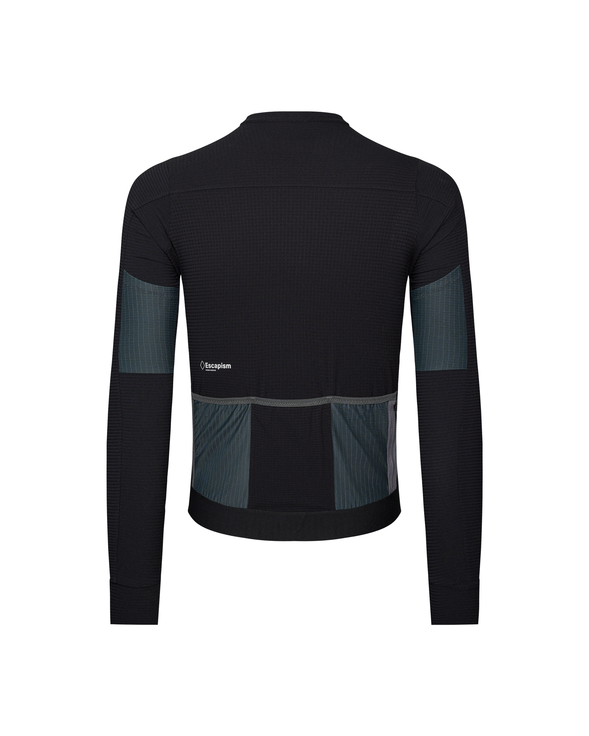 Black Escapism long sleeve cycling jersey, rear view with blue mesh panels and reflective trim