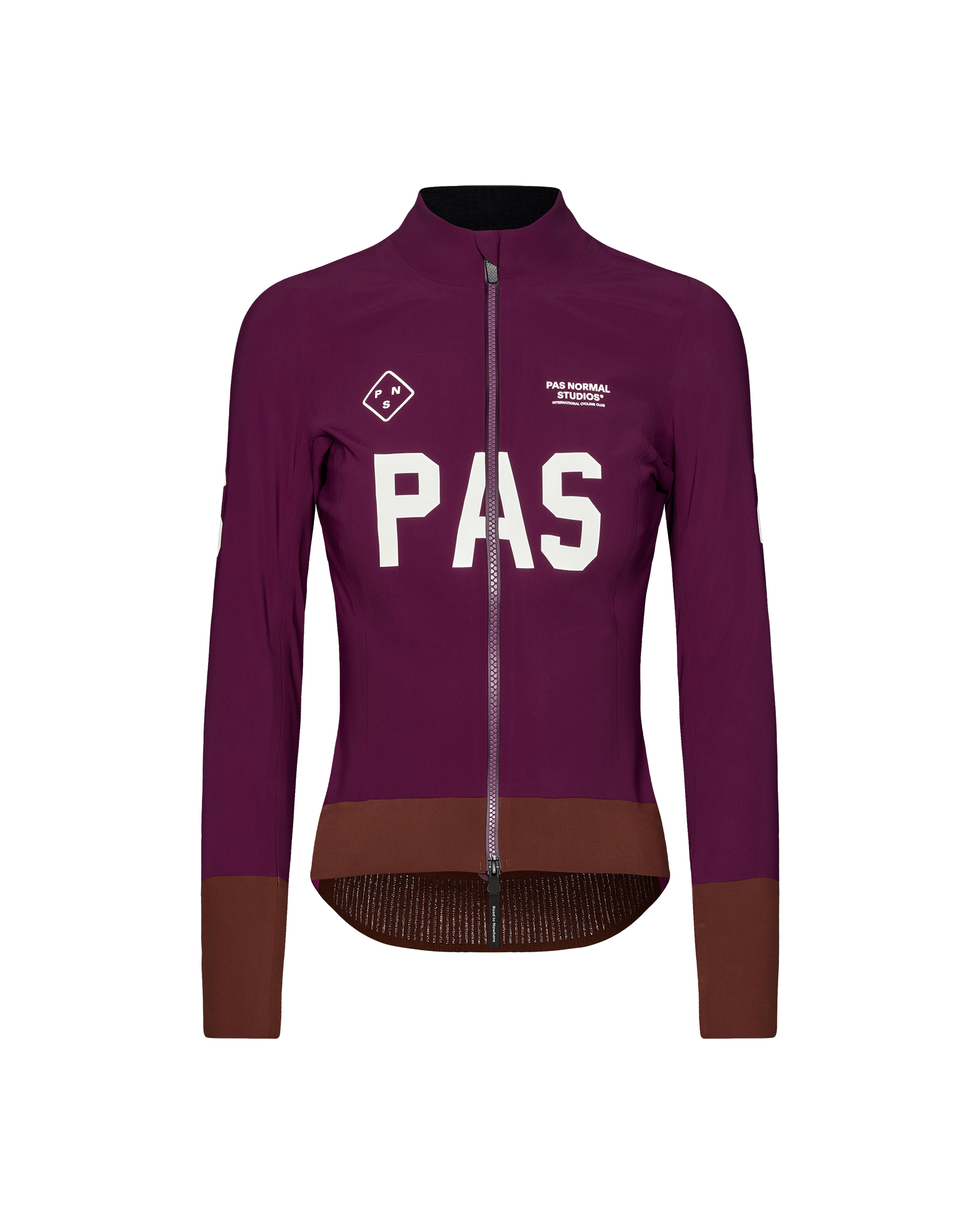 Dark Purple PAS Mechanism Thermal cycling jacket, front flat lay with white chest lettering and brown contrast hem panel