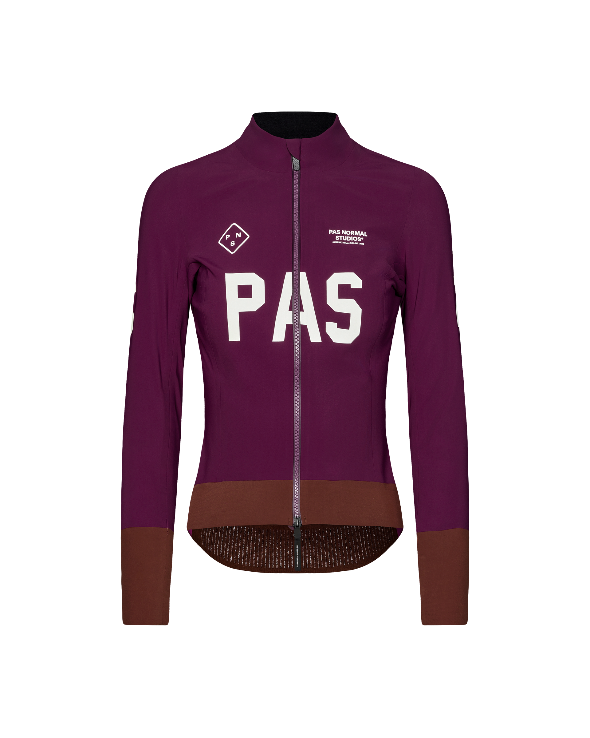 Dark Purple PAS Mechanism Thermal cycling jacket, front flat lay with white chest lettering and brown contrast hem panel