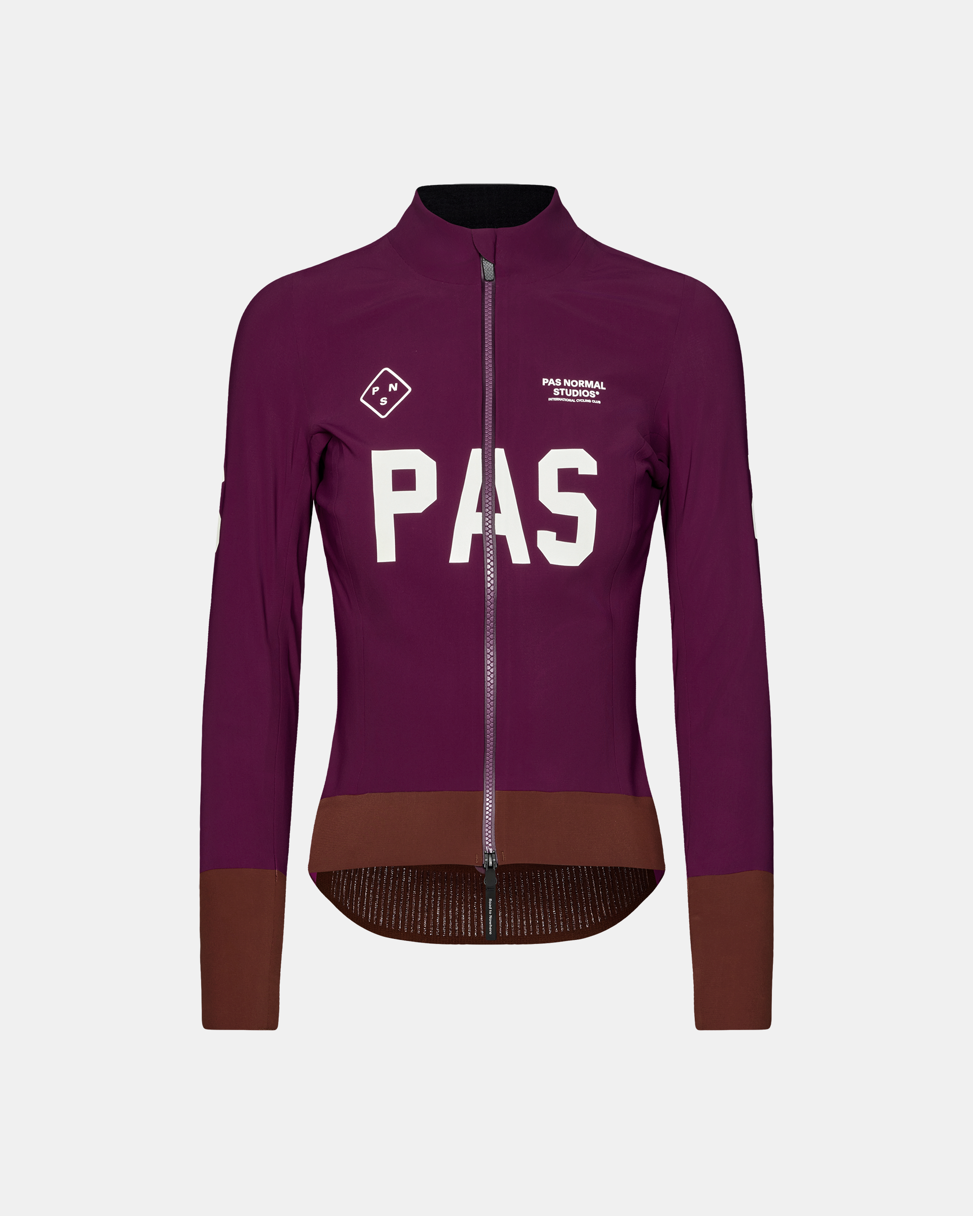 Dark Purple PAS Mechanism Thermal cycling jacket, front flat lay with white chest lettering and brown contrast hem panel