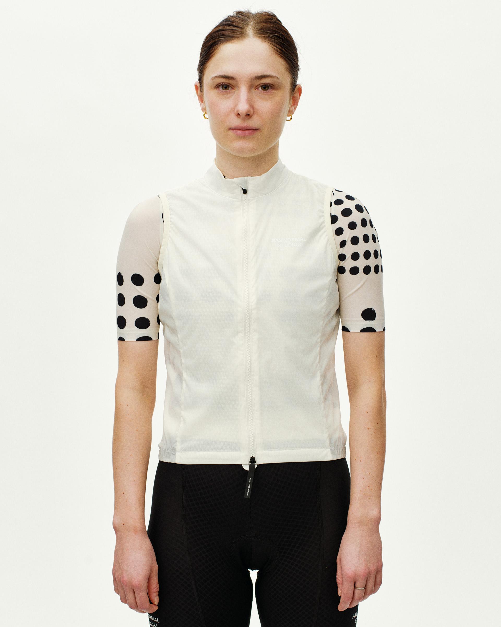 Off White Essential cycling gilet on model, front view with full-length zip