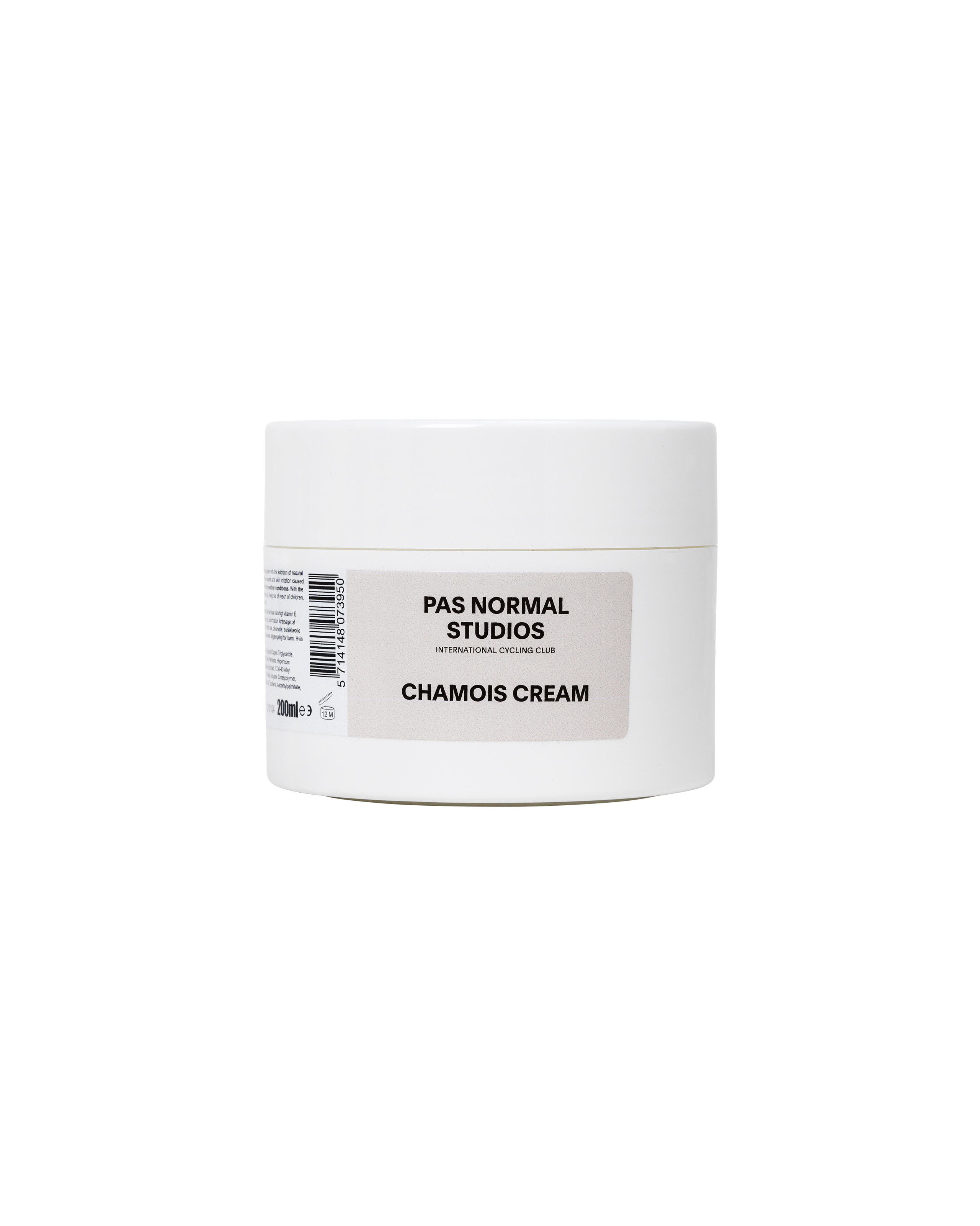 White chamois cream jar with black label, front view