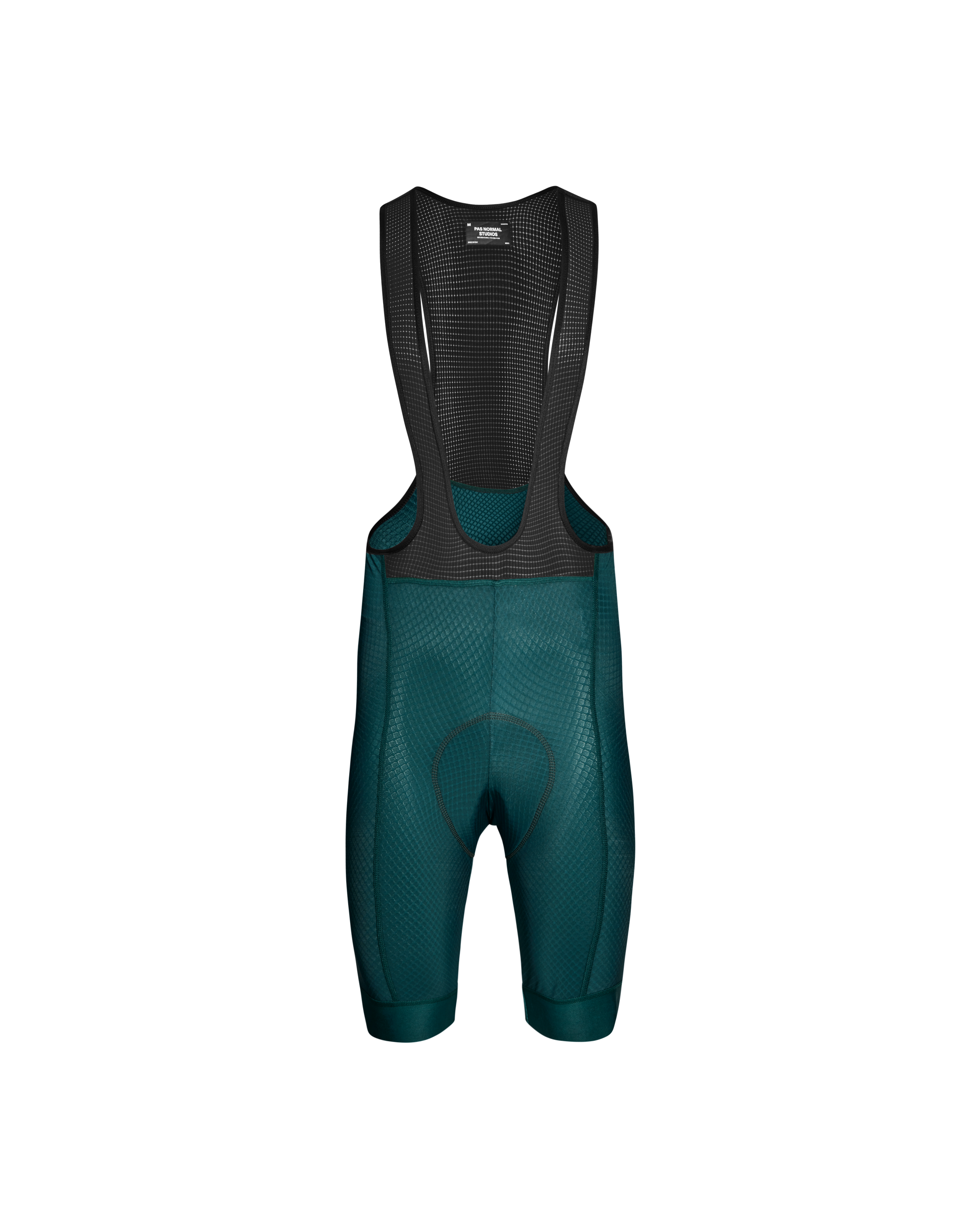 Dark Petroleum Essential cycling bibs, front view with black mesh bib straps
