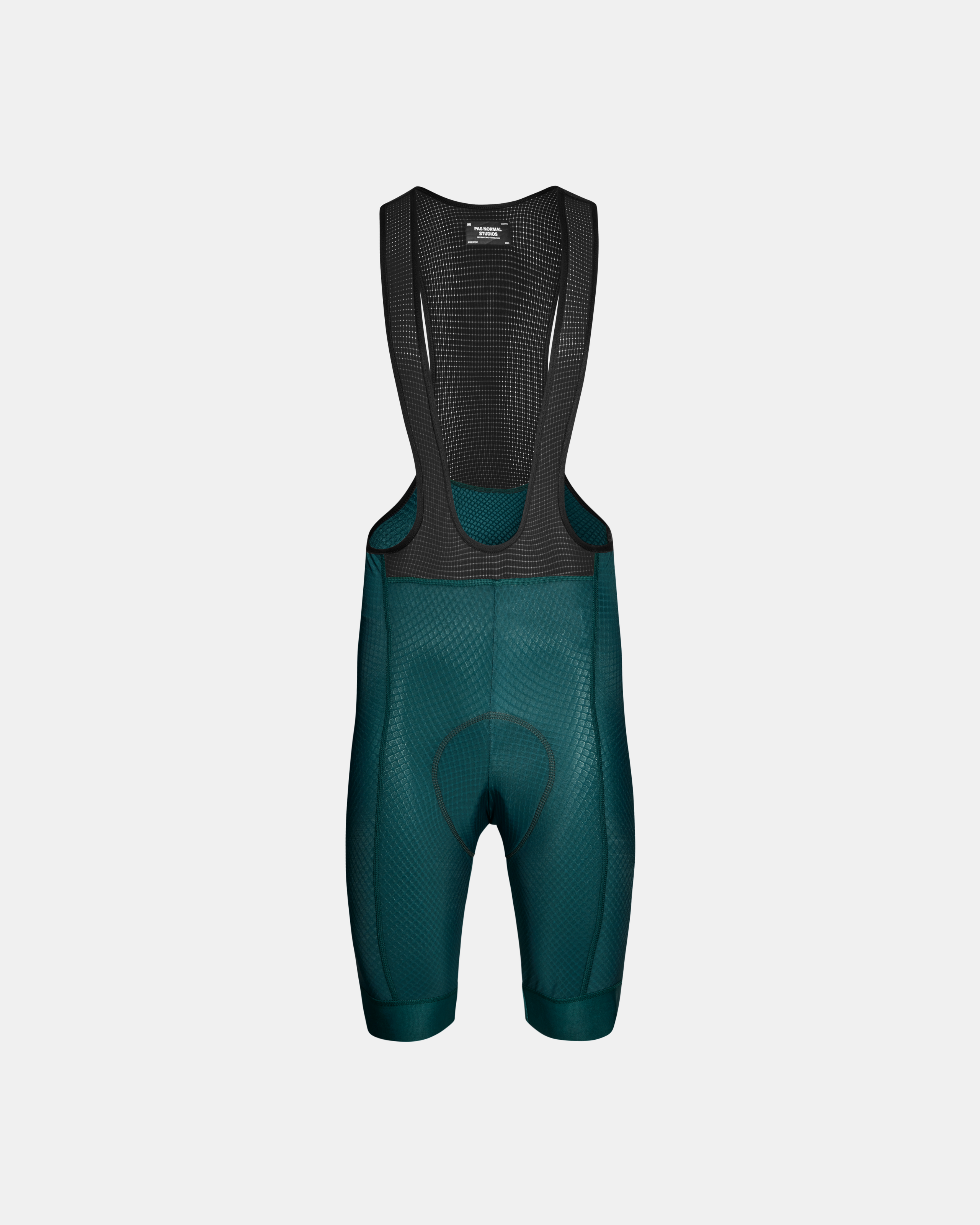 Dark Petroleum Essential cycling bibs, front view with black mesh bib straps