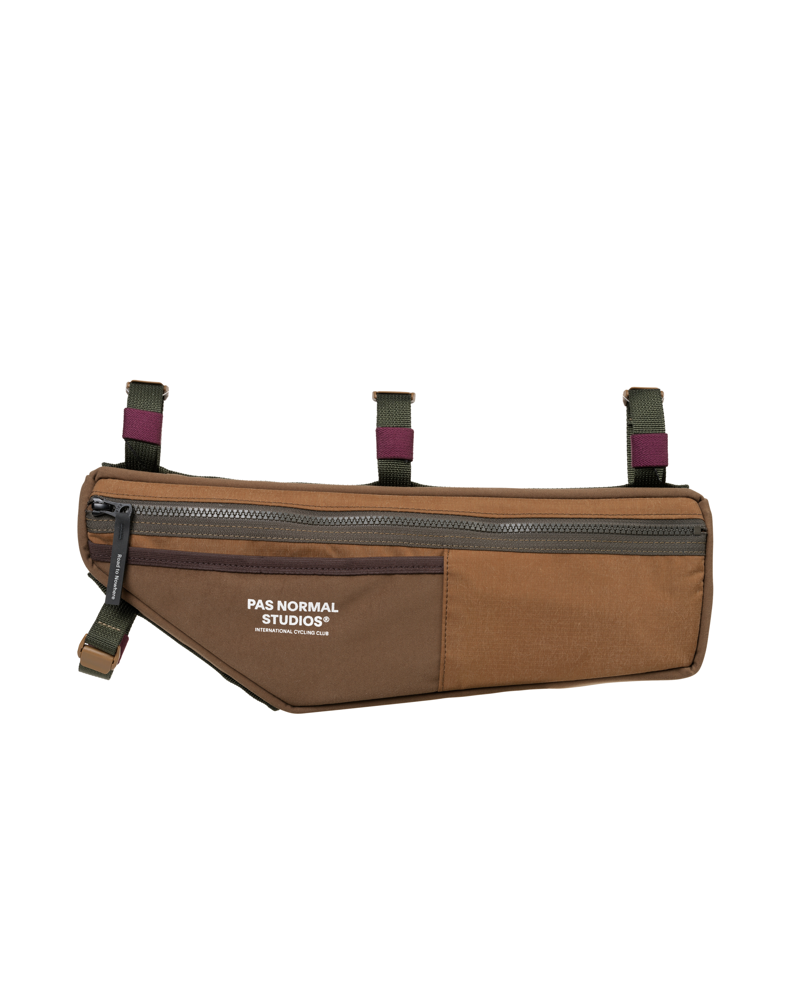 Light Brown Porter-Yoshida cycling frame bag, three-quarter view with three mount straps and contrast zip