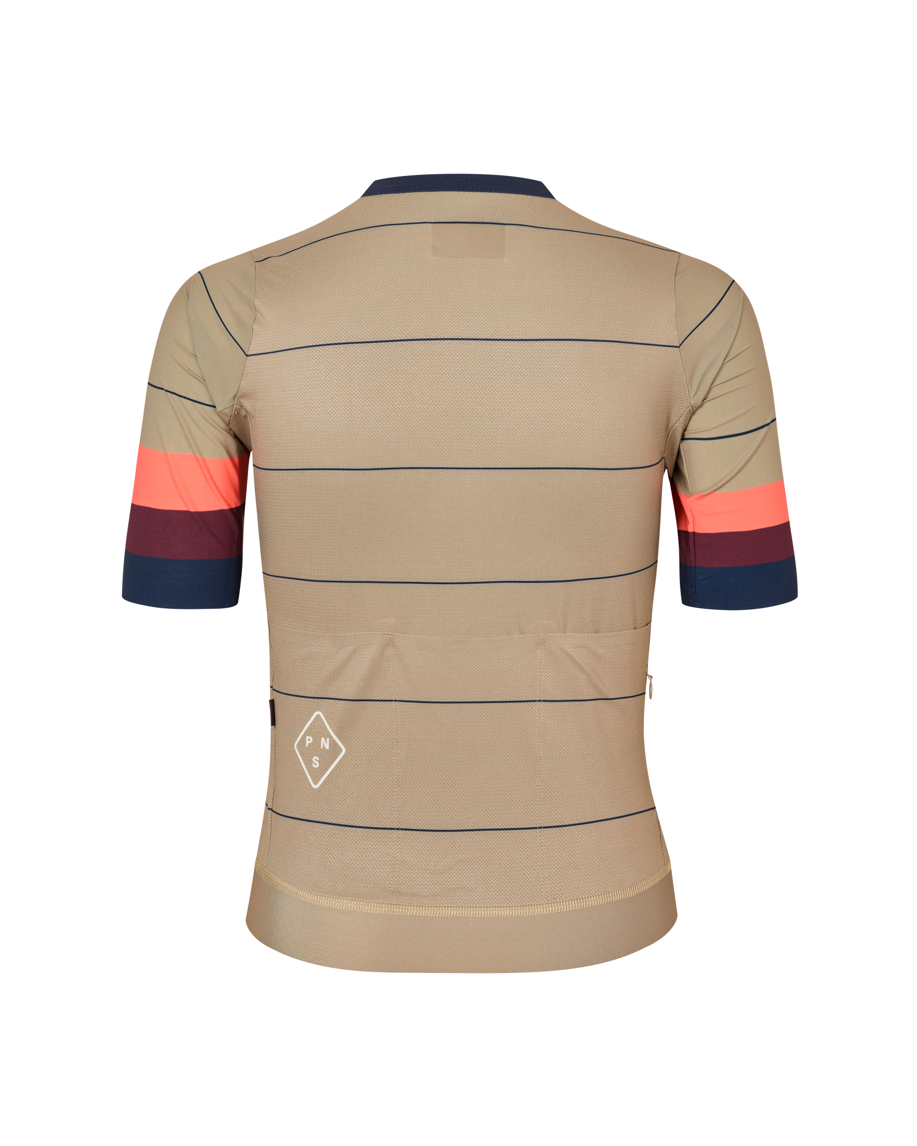 Beige Solitude cycling jersey, rear view with colorblock sleeves and horizontal stripes