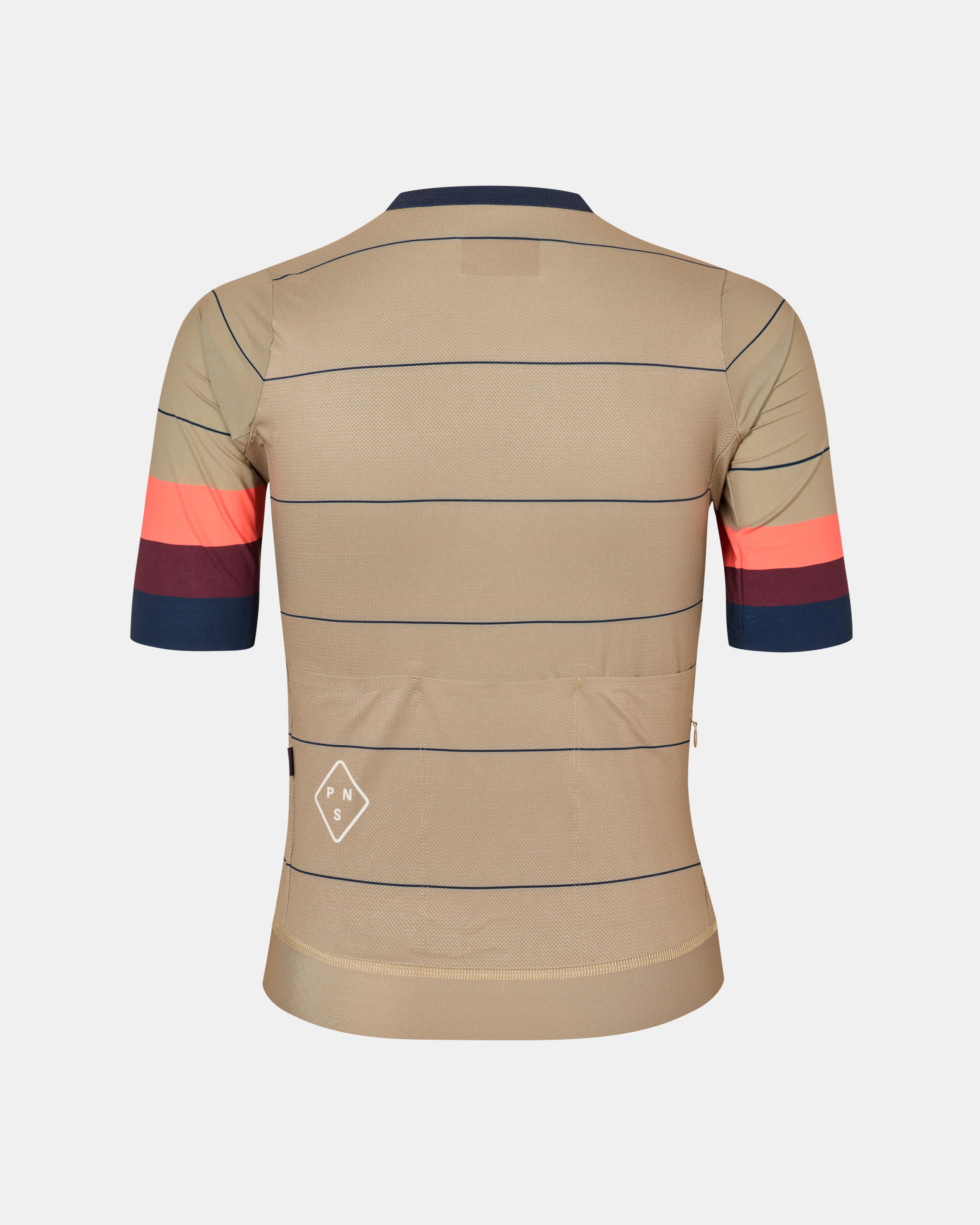 Beige Solitude cycling jersey, rear view with colorblock sleeves and horizontal stripes