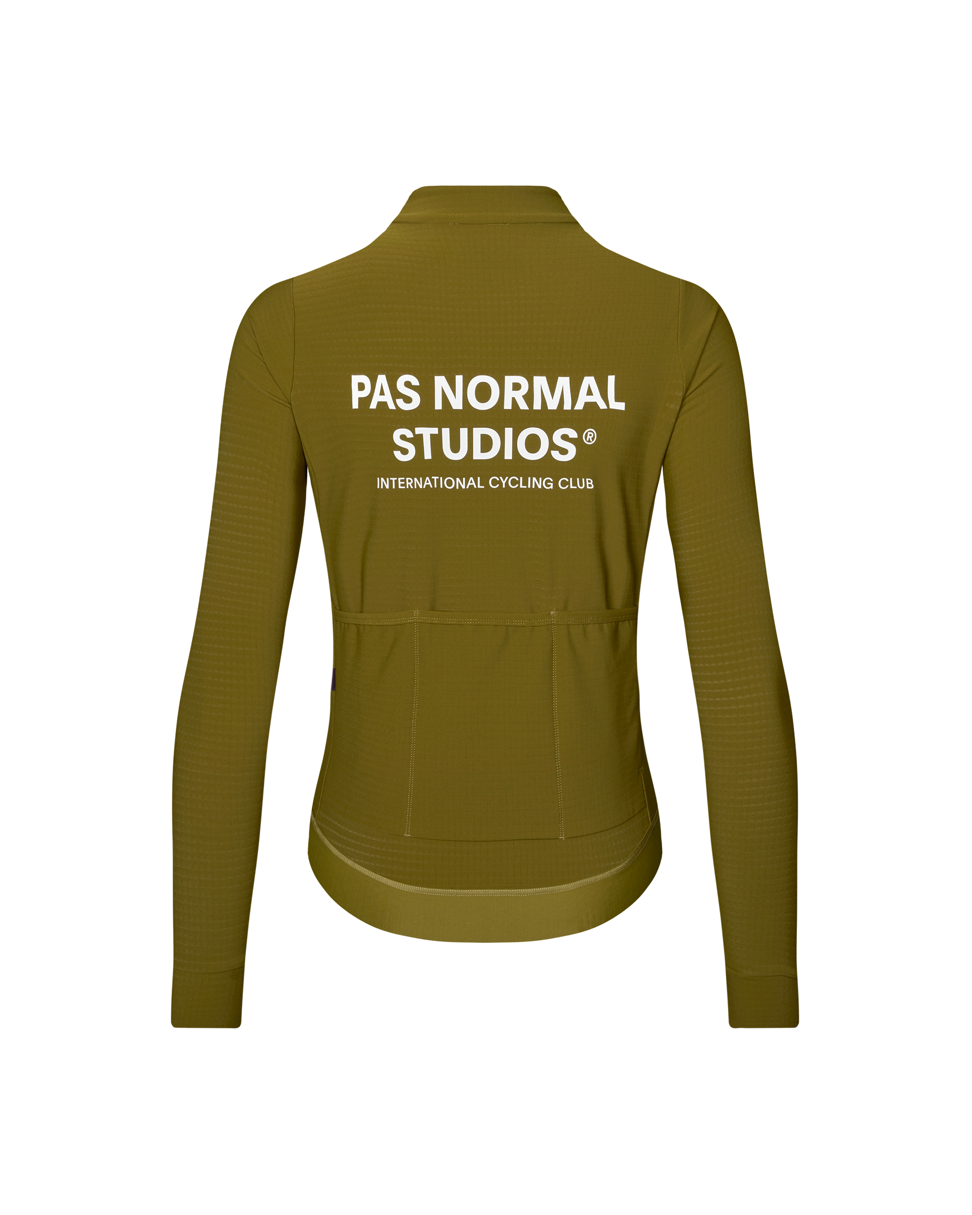 Khaki Green Essential women's long sleeve cycling jersey, rear view with three back pockets and white logo print