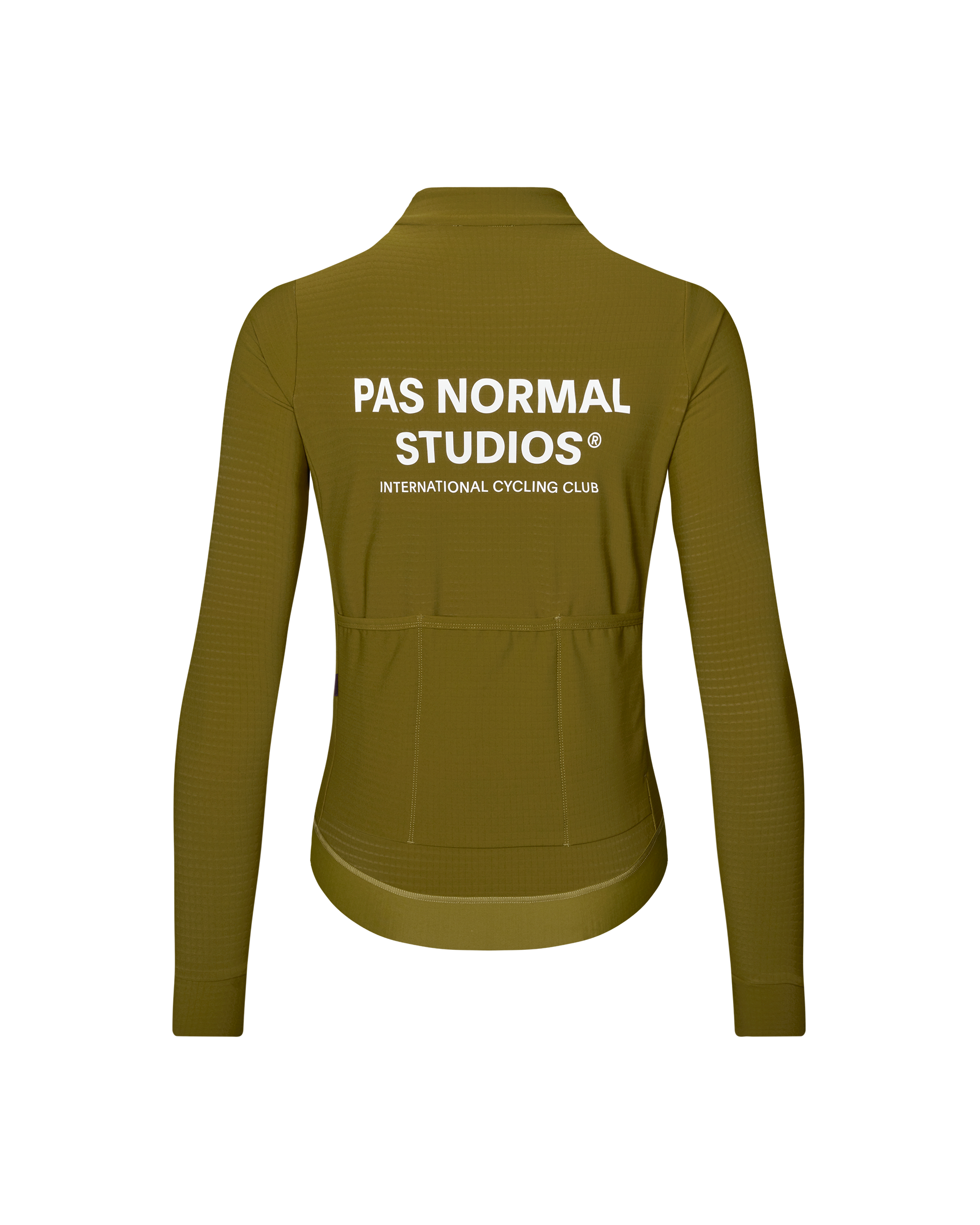 Khaki Green Essential women's long sleeve cycling jersey, rear view with three back pockets and white logo print