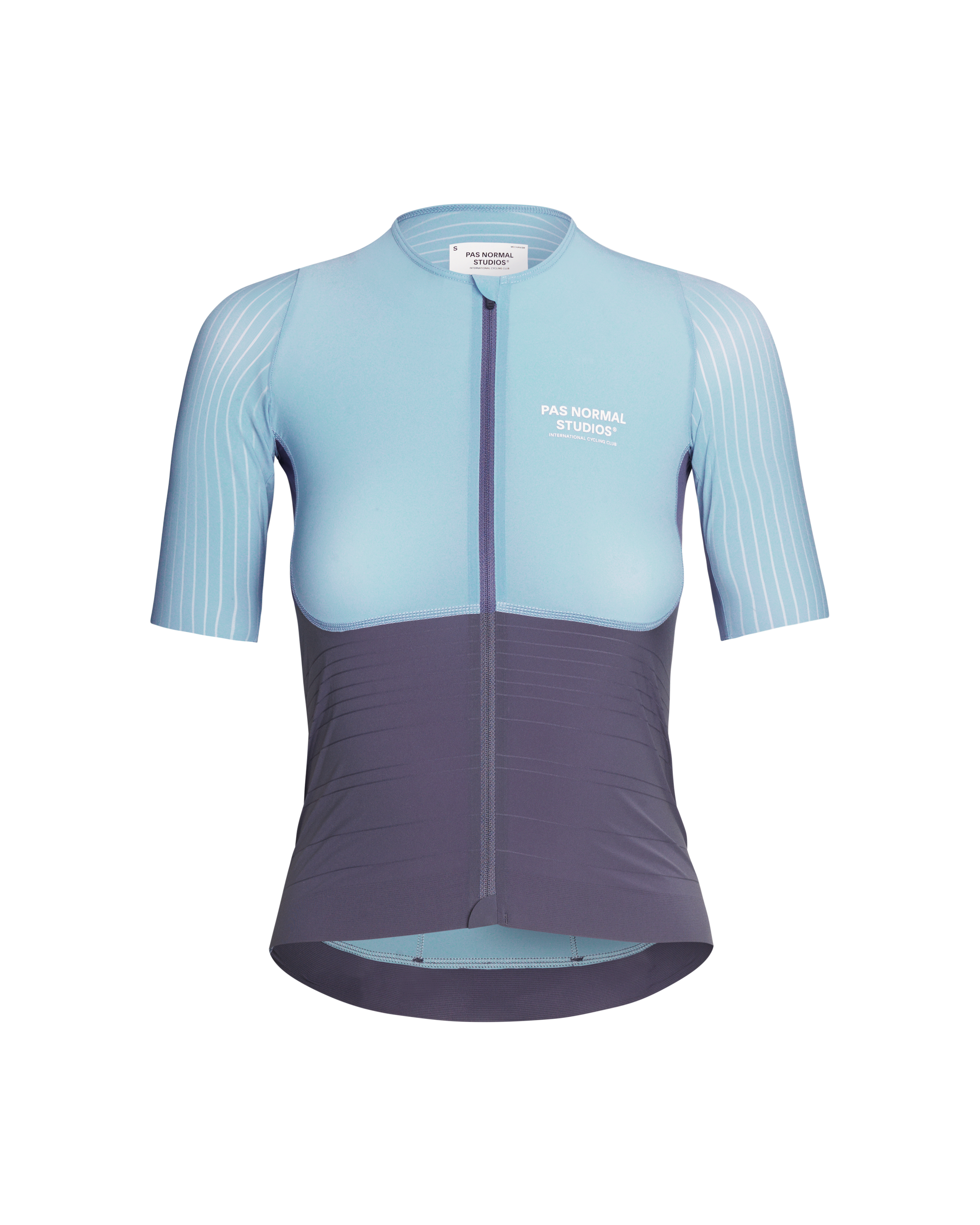 Light Blue Mechanism Pro cycling jersey, front view with purple lower panel and striped sleeves