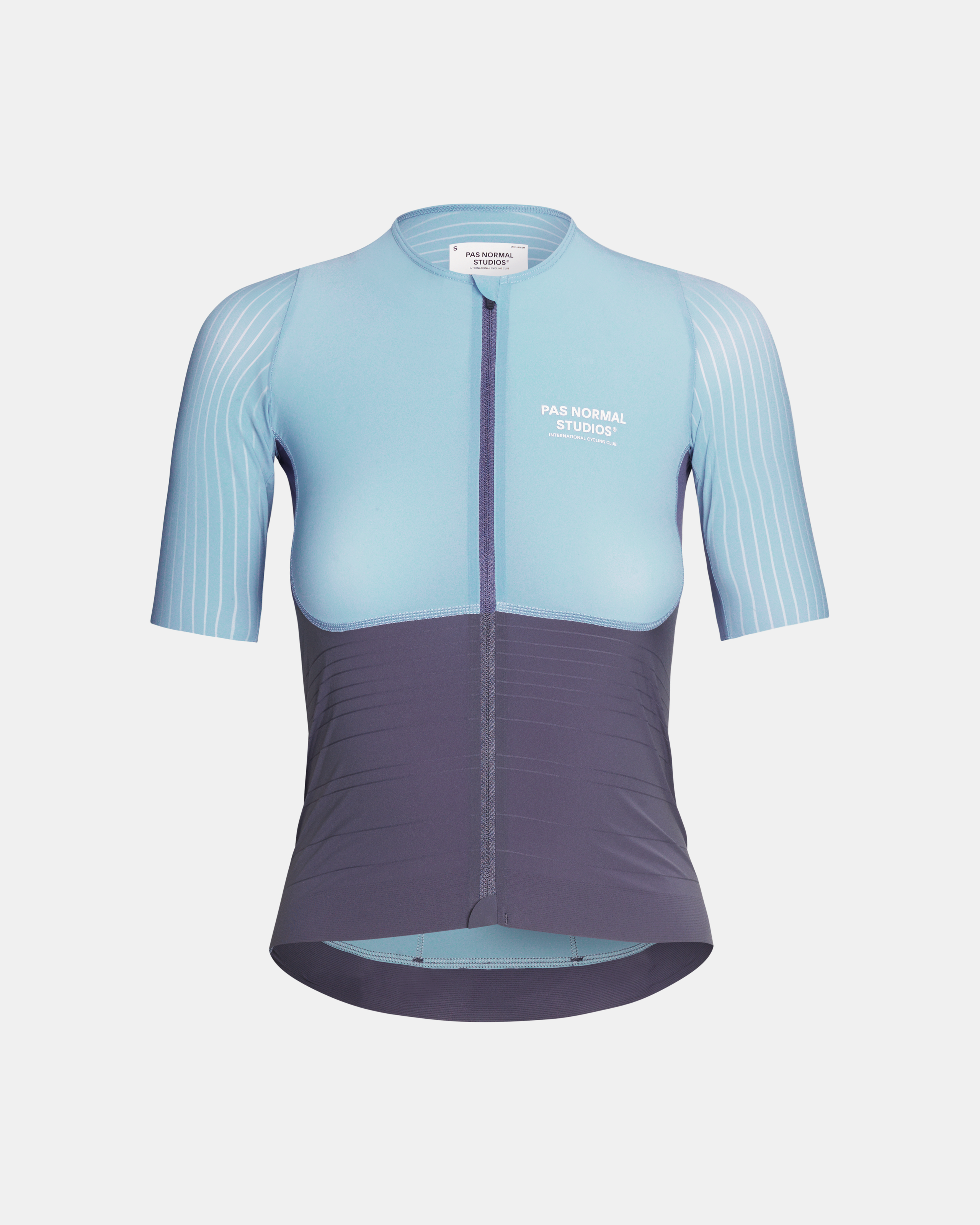 Light Blue Mechanism Pro cycling jersey, front view with purple lower panel and striped sleeves