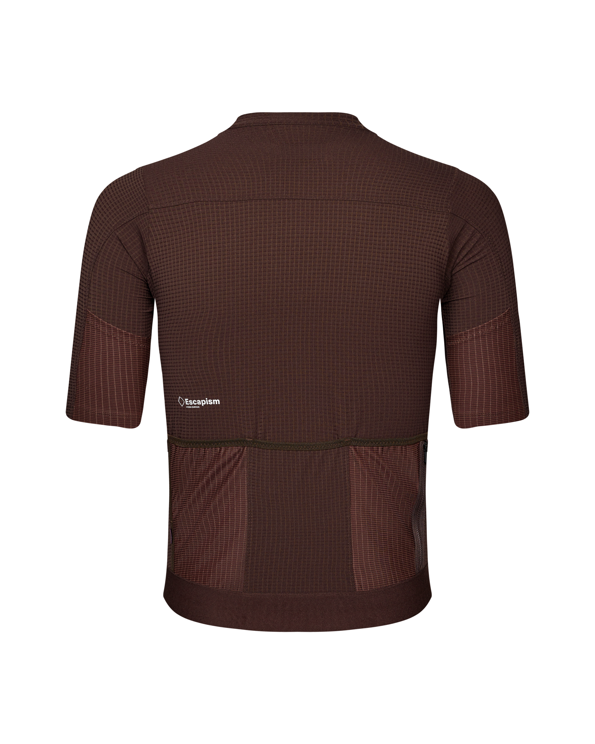 Dark Red Escapism cycling jersey, rear view with textured panels and three pockets
