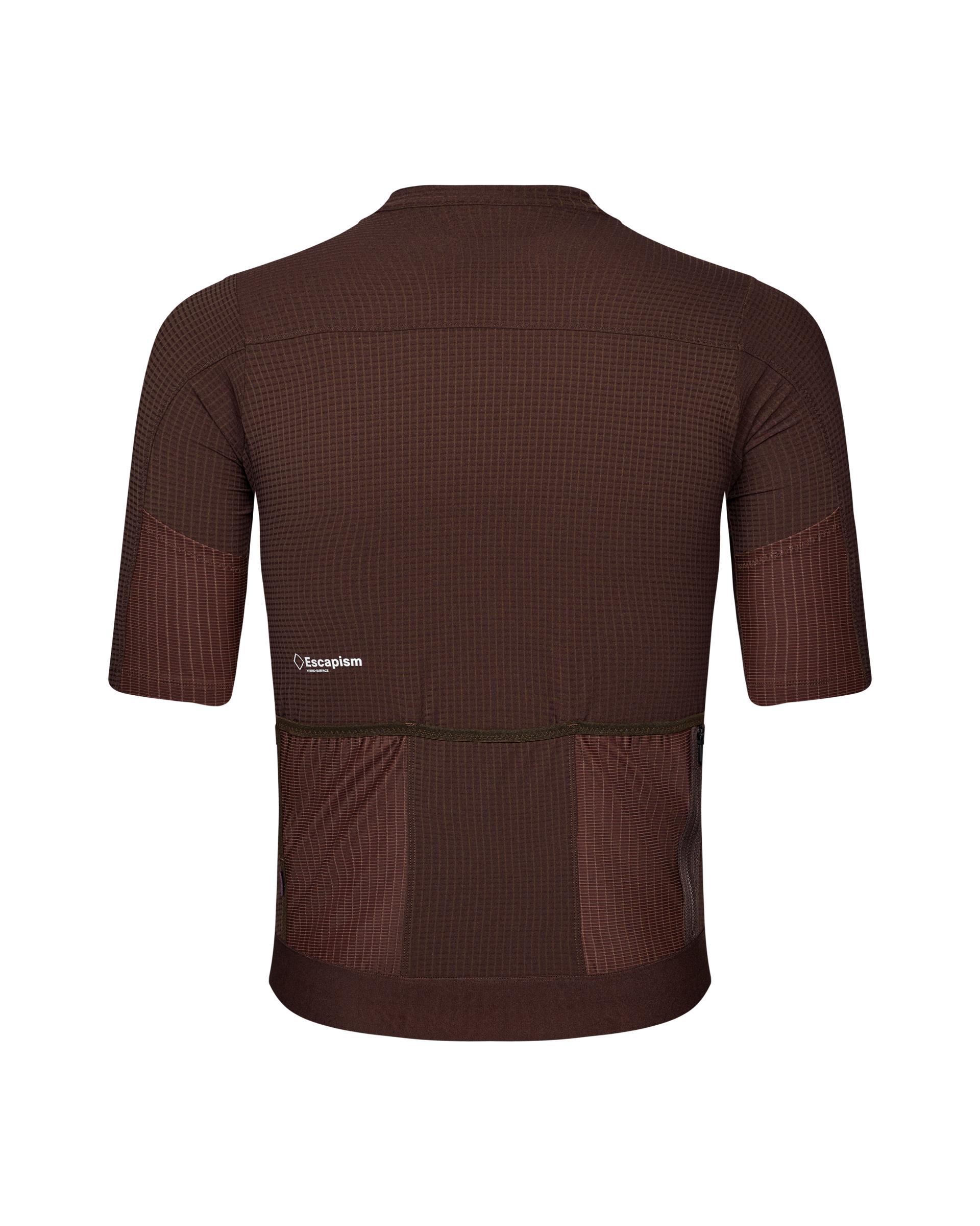 Dark Red Escapism cycling jersey, rear view with textured panels and three pockets