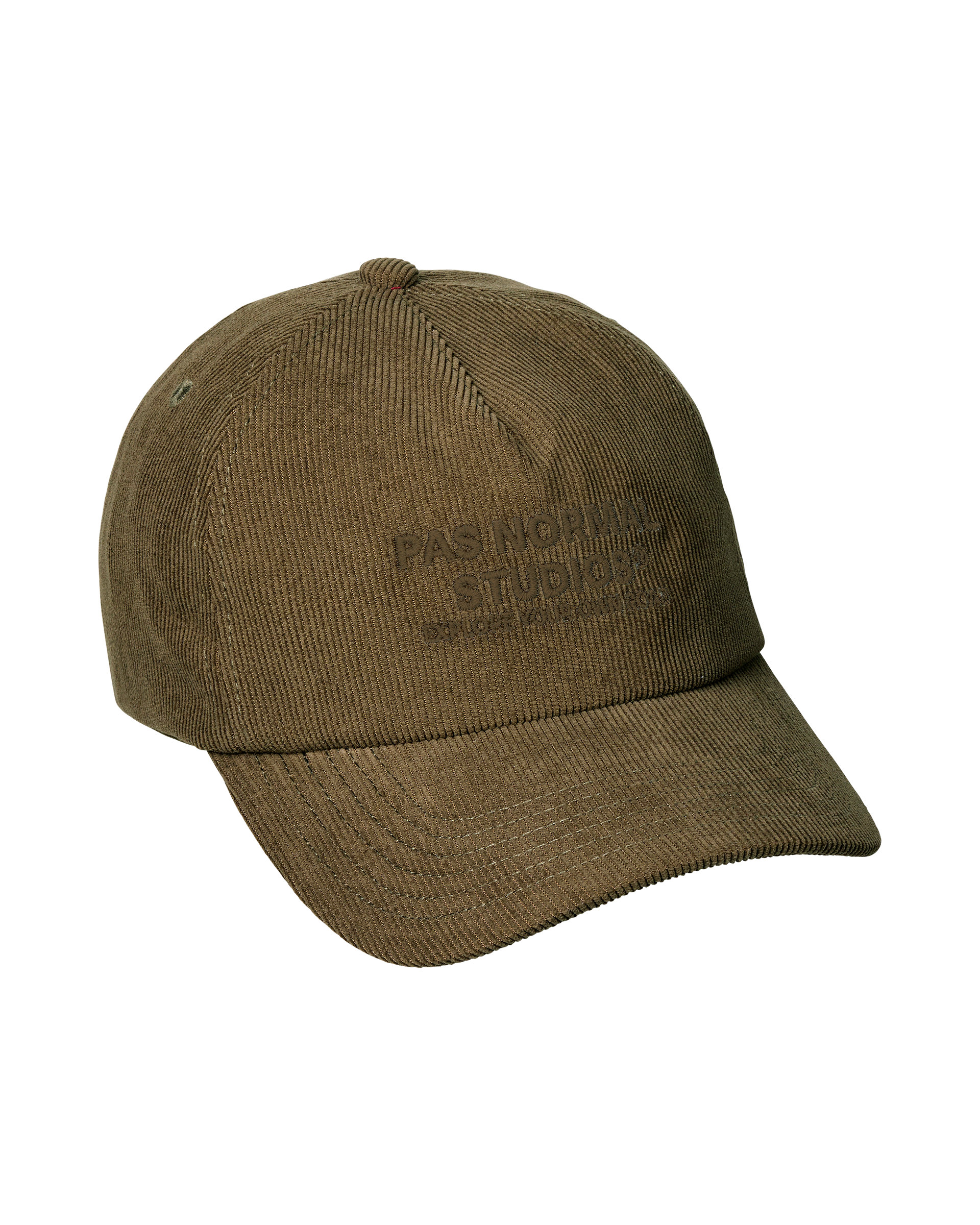 Deep Olive Off-Race Tech Corduroy cap, three-quarter view with tone-on-tone front embroidery