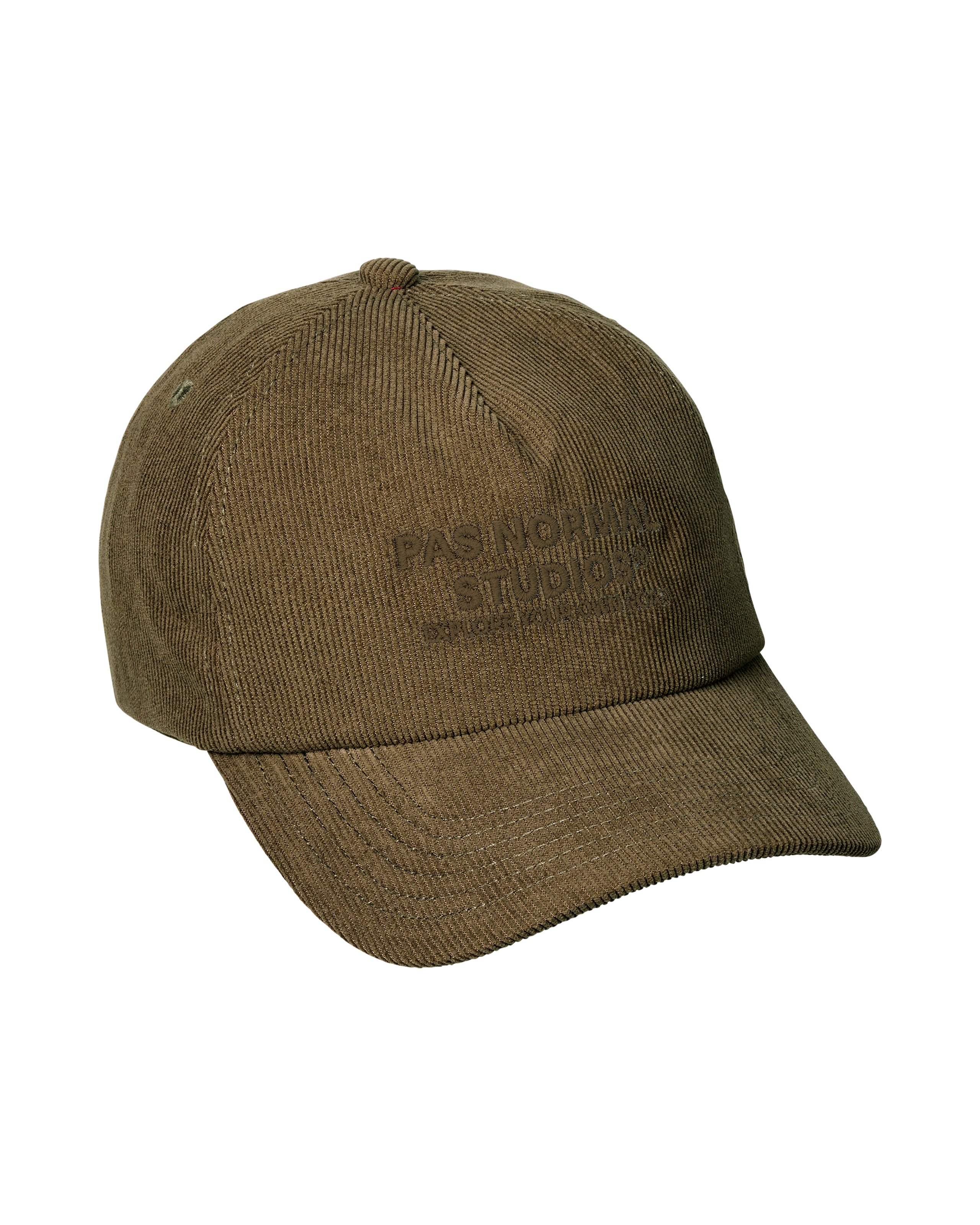 Deep Olive Off-Race Tech Corduroy cap, three-quarter view with tone-on-tone front embroidery