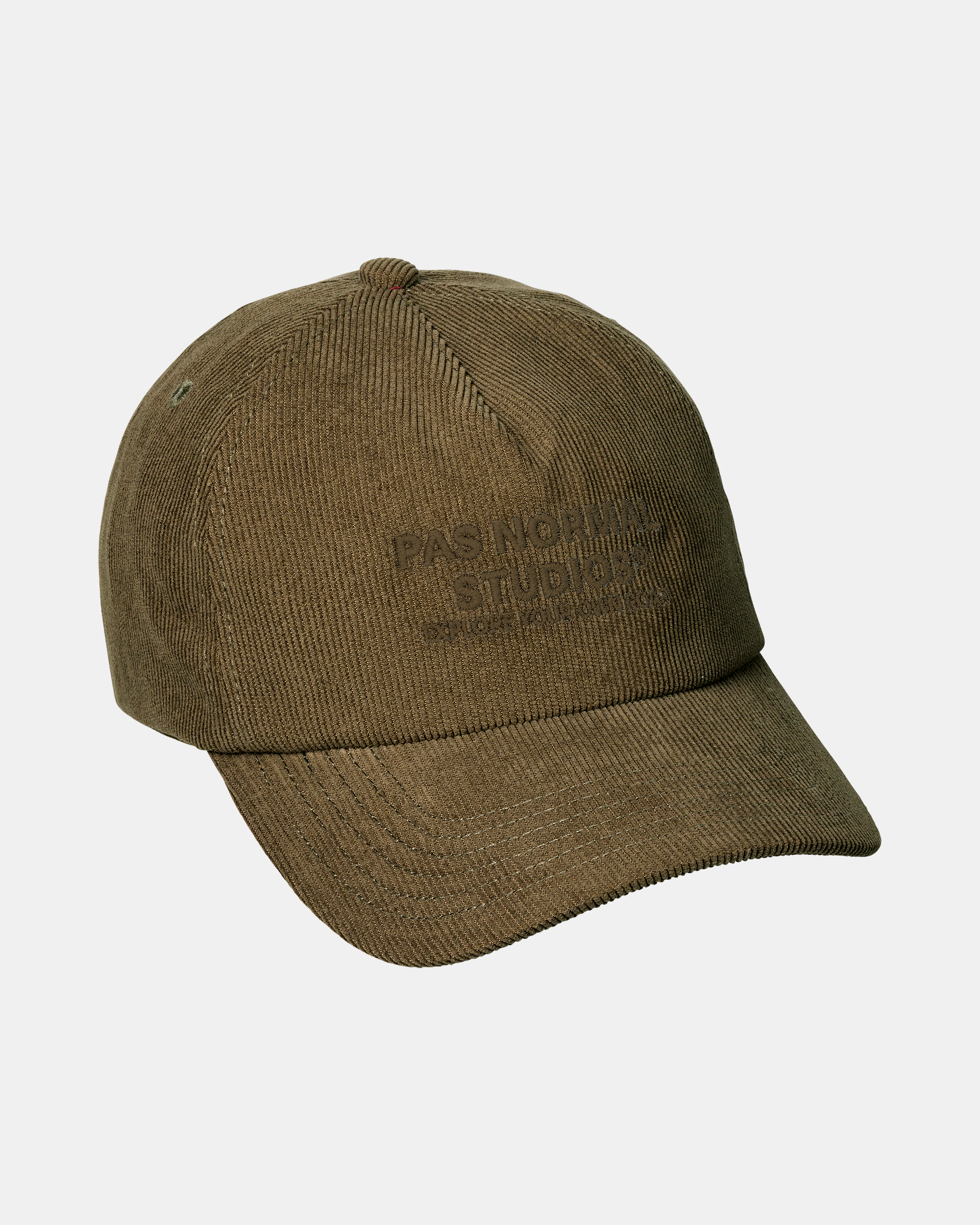 Deep Olive Off-Race Tech Corduroy cap, three-quarter view with tone-on-tone front embroidery