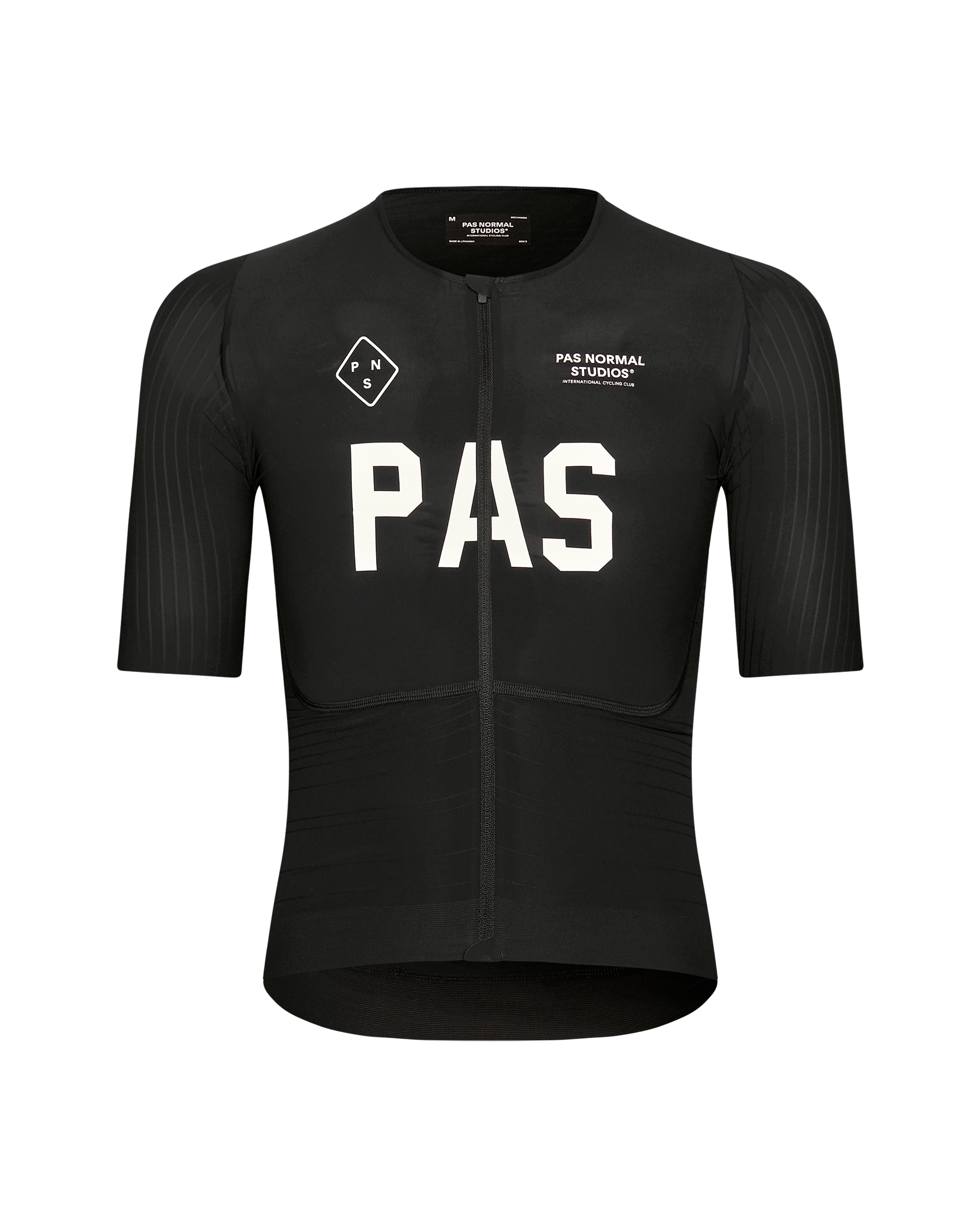 Black PAS Mechanism Pro cycling jersey, front view with white chest lettering and contrast sleeve panels