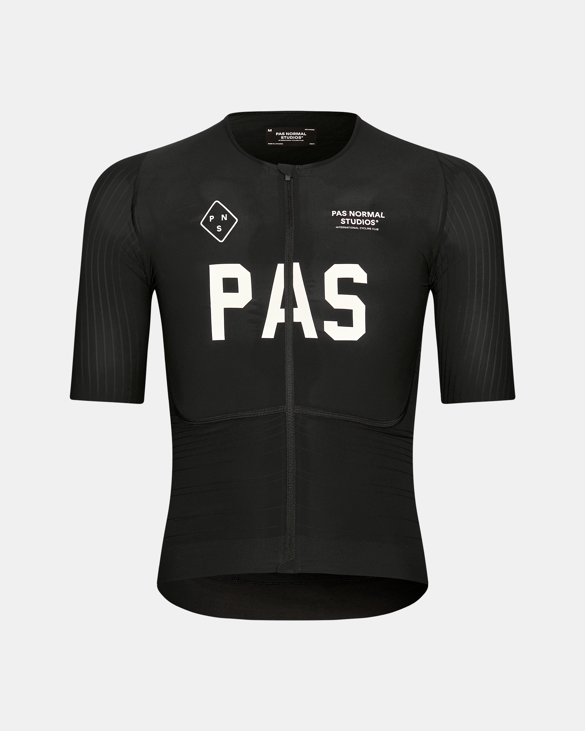Black PAS Mechanism Pro cycling jersey, front view with white chest lettering and contrast sleeve panels