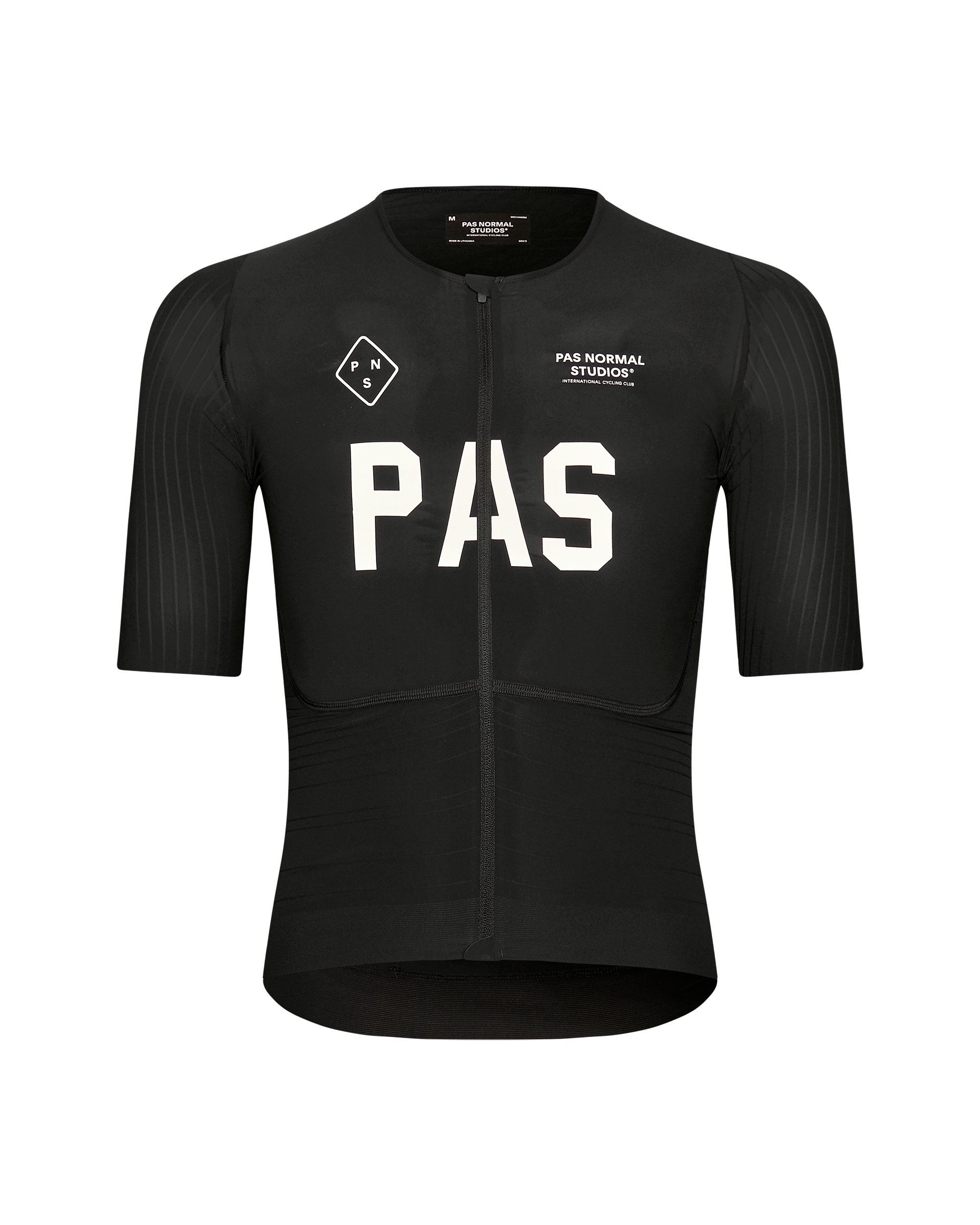 Black PAS Mechanism Pro cycling jersey, front view with white chest lettering and contrast sleeve panels