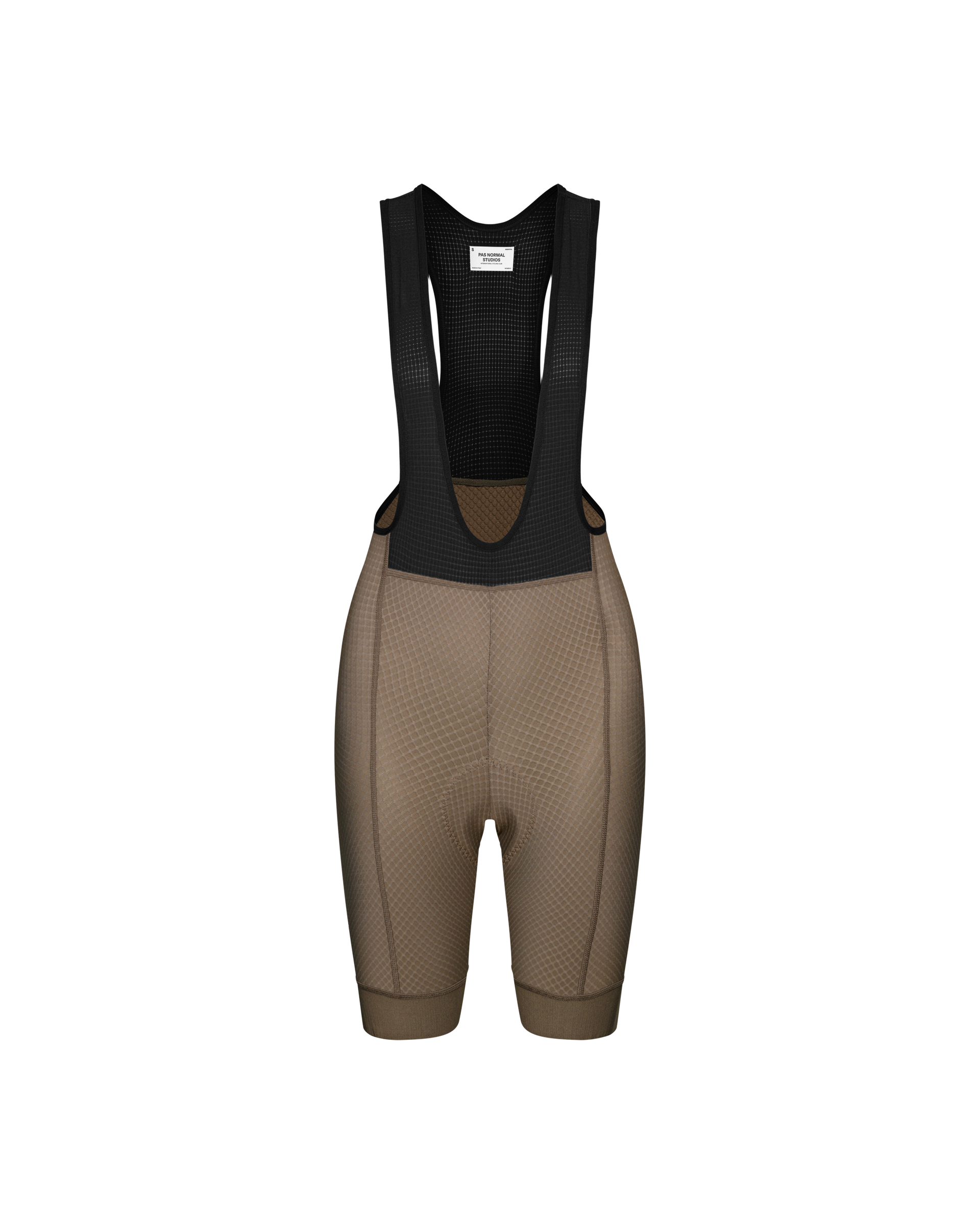 Earth Essential cycling bibs, front flat lay with black mesh bib and textured leg panels