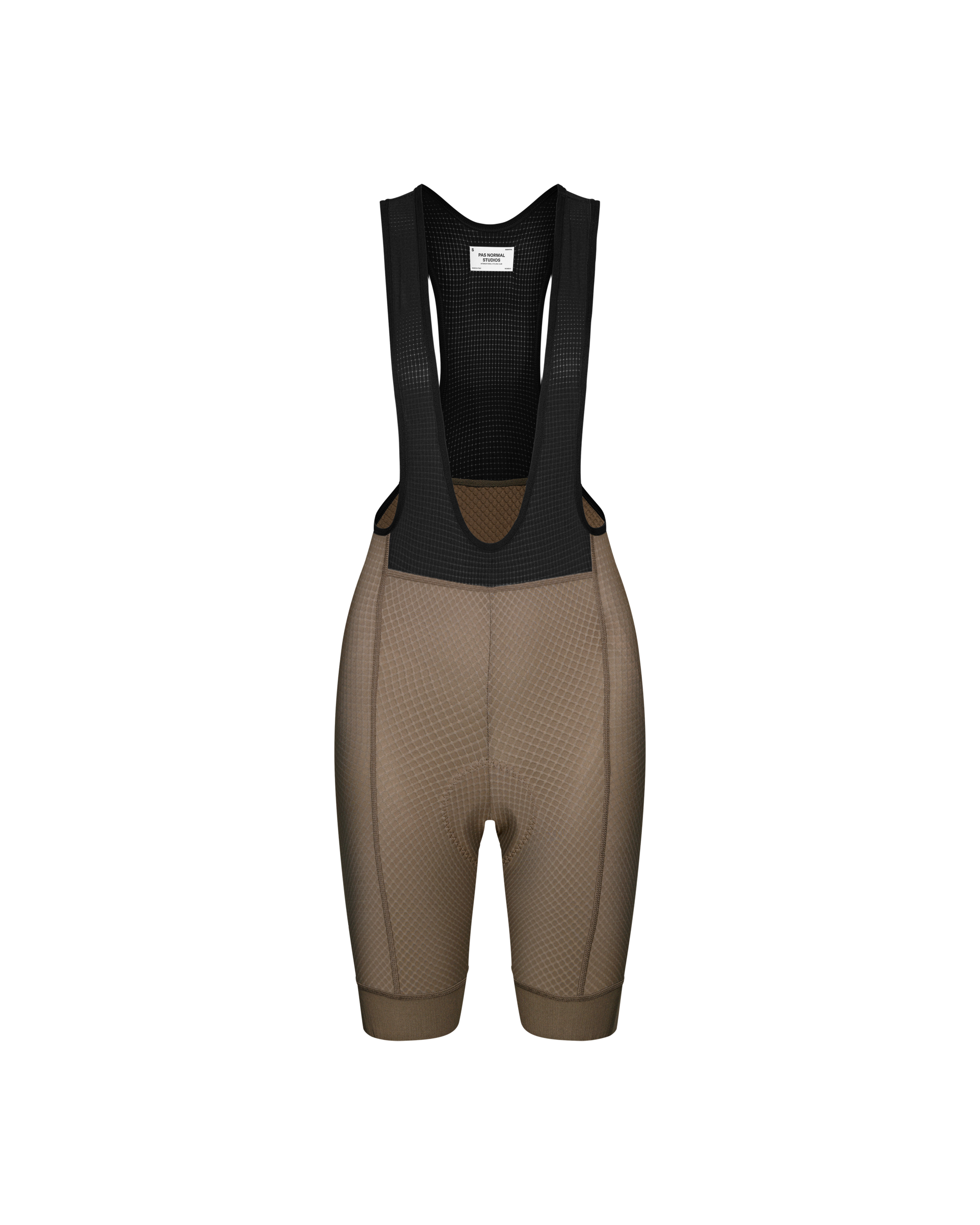 Earth Essential cycling bibs, front flat lay with black mesh bib and textured leg panels