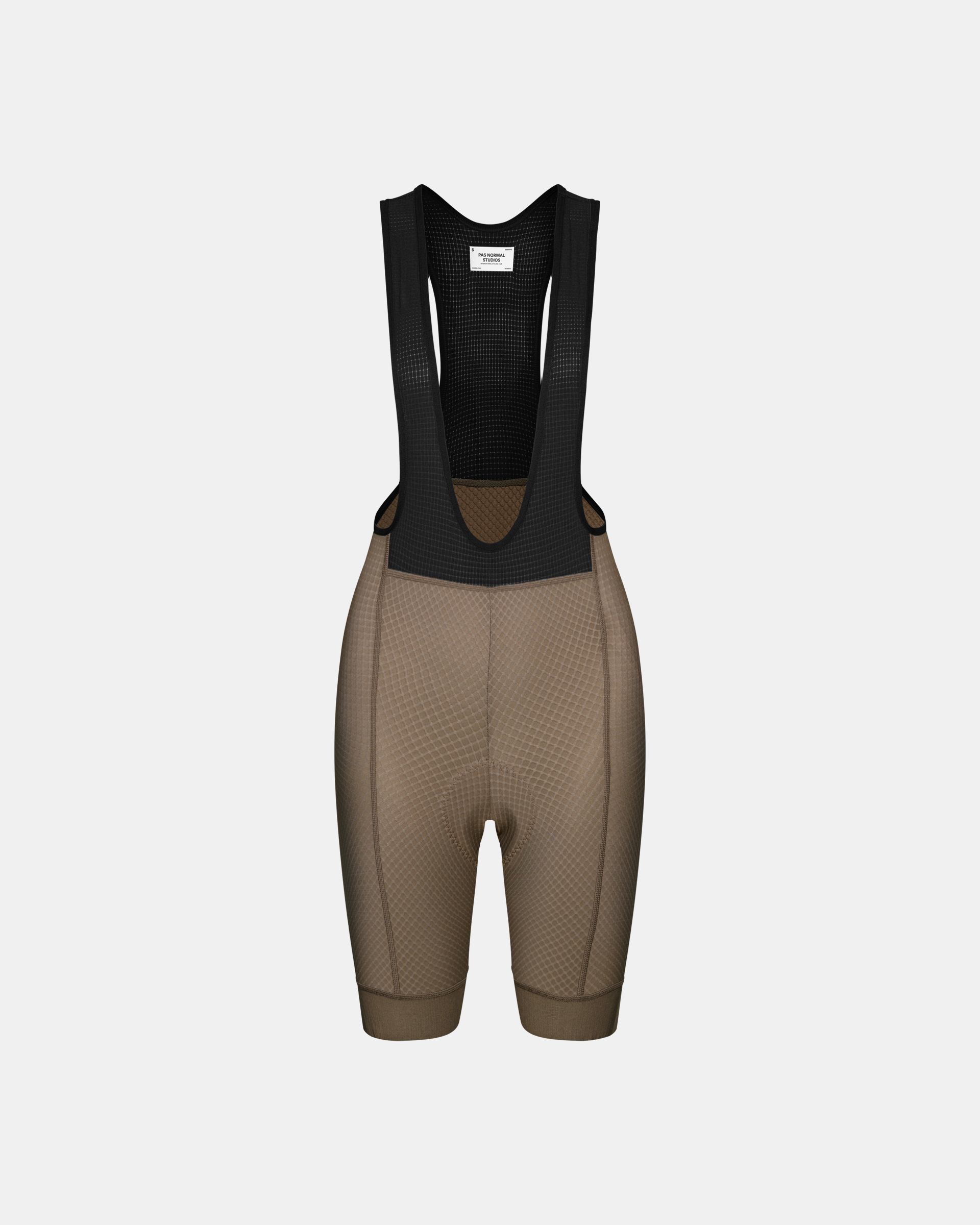 Earth Essential cycling bibs, front flat lay with black mesh bib and textured leg panels