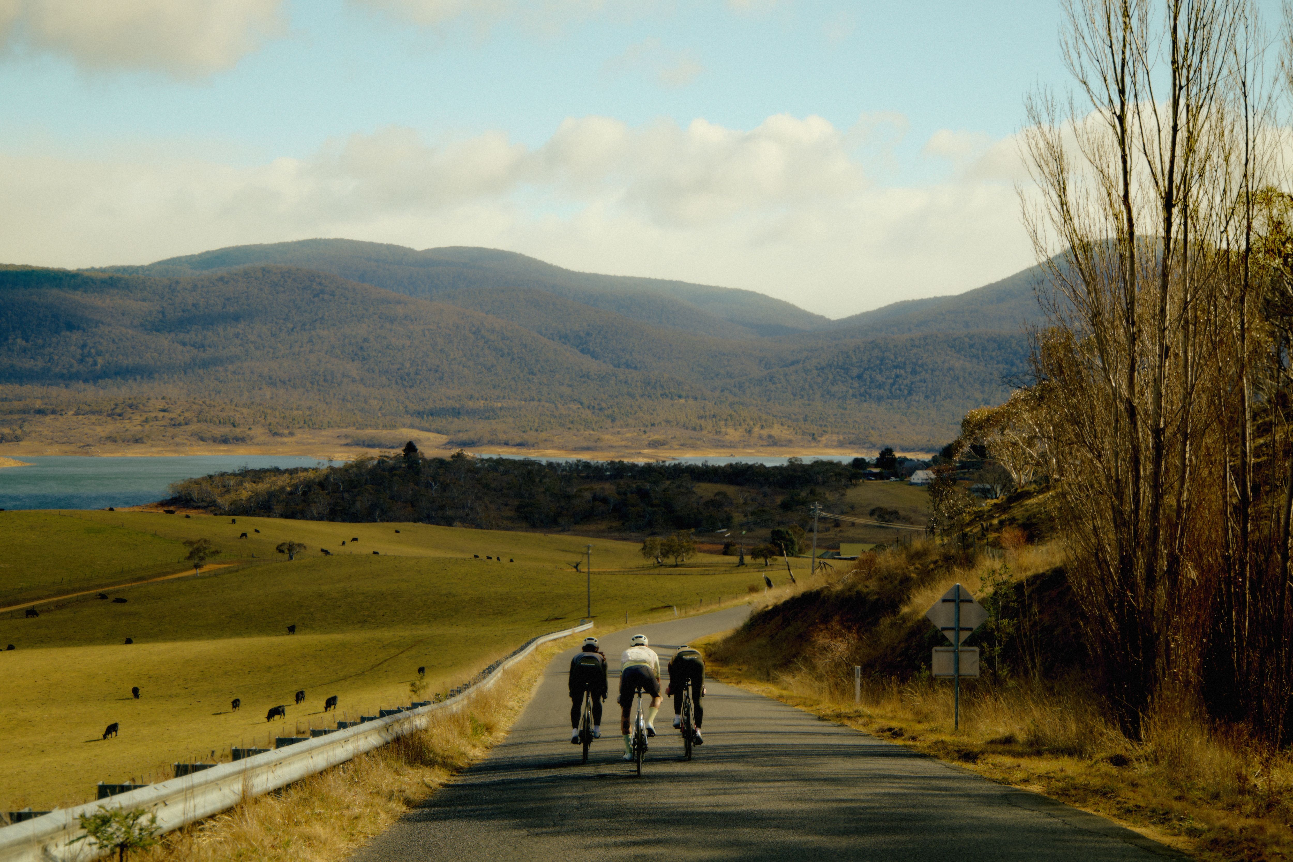 Three cyclists riding on rural road through rolling countryside with mountains and lake in background