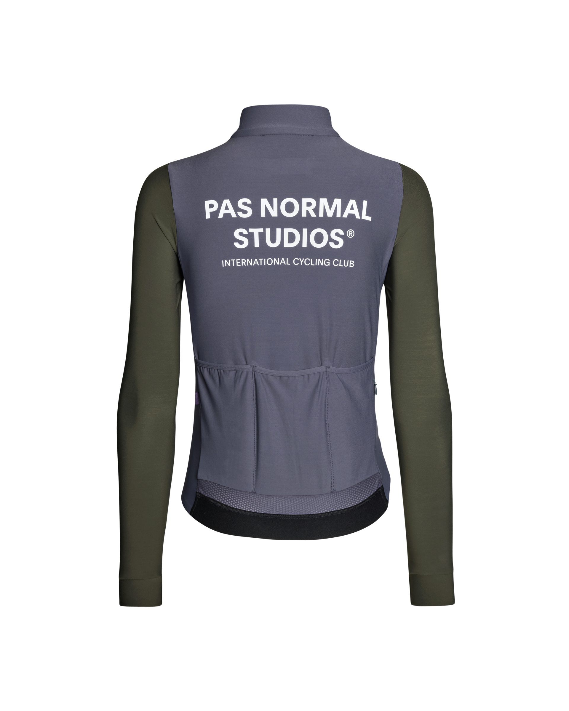 Grey Mechanism long sleeve cycling jersey, rear view with olive sleeves and back pockets