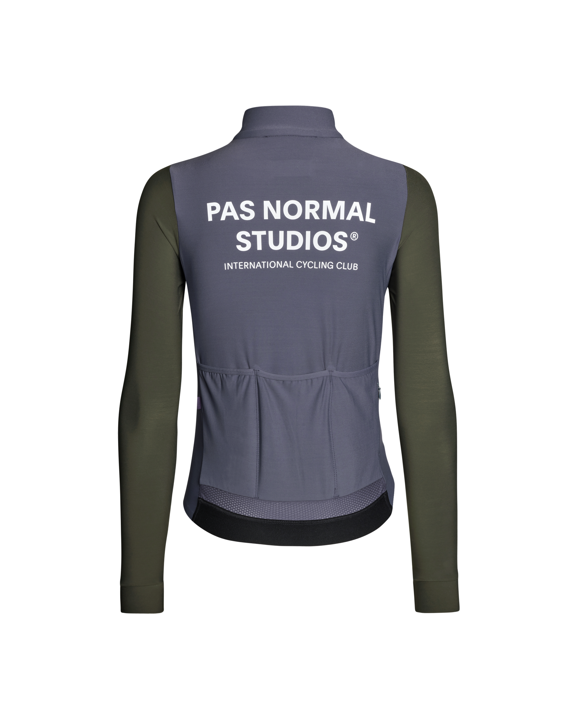 Grey Mechanism long sleeve cycling jersey, rear view with olive sleeves and back pockets