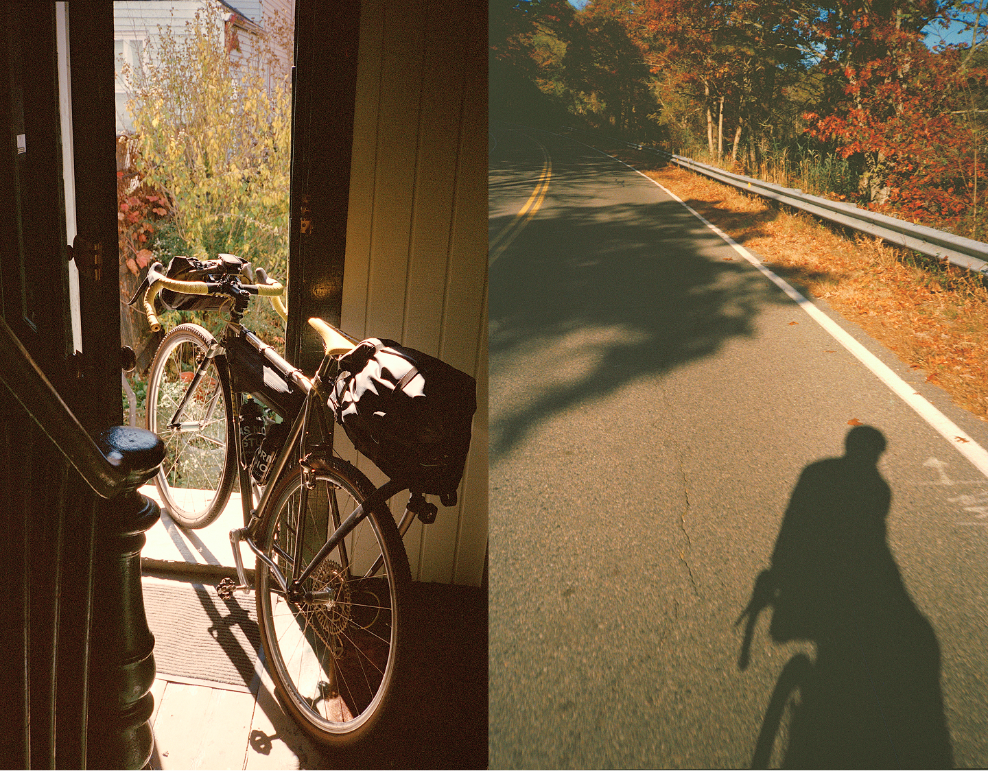 Split image showing bicycle with gear bags at doorway and cyclist shadow on autumn road with colorful foliage