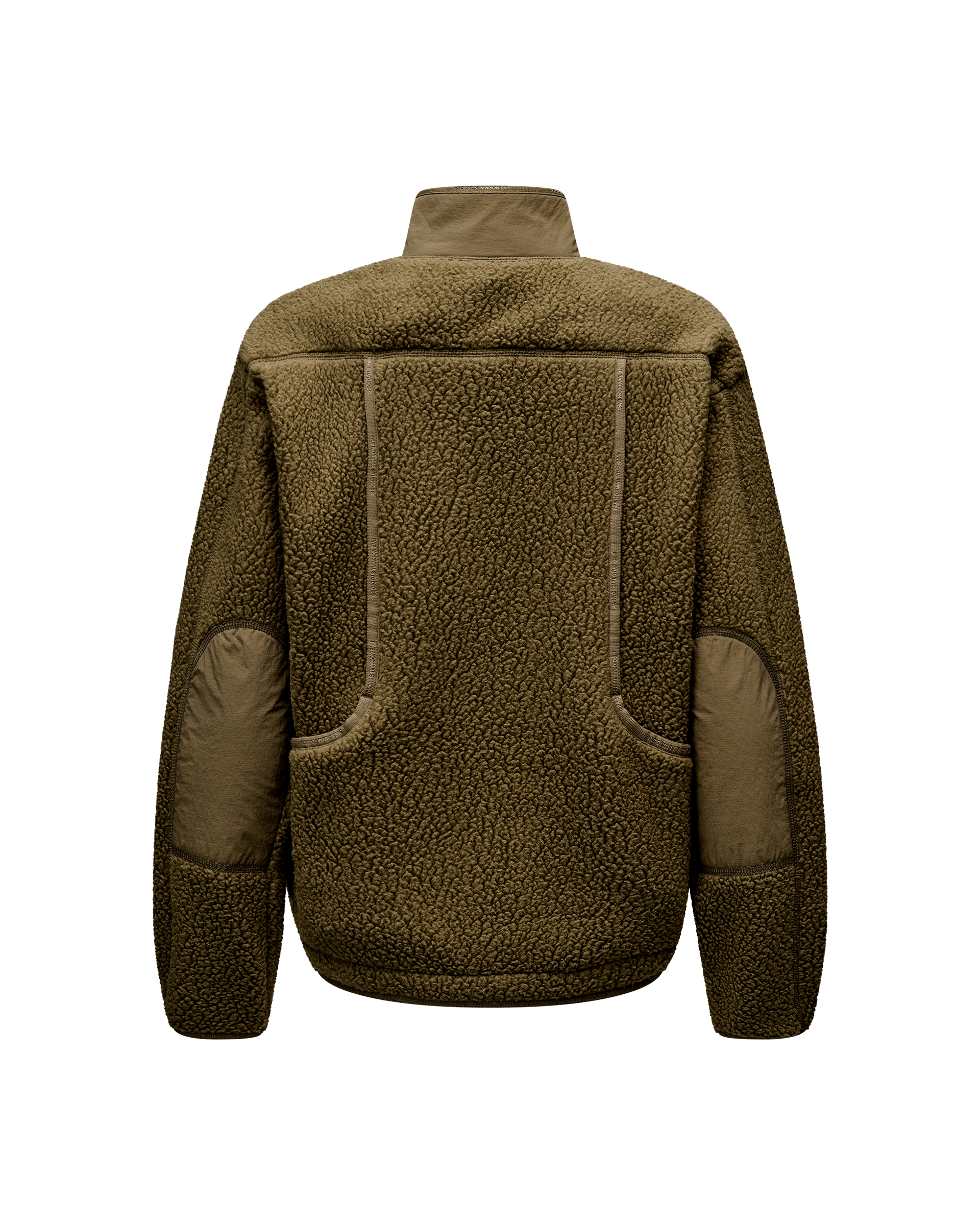 Deep Olive Off-Race Pile Fleece jacket, rear flat lay with contrast nylon panels and back pockets