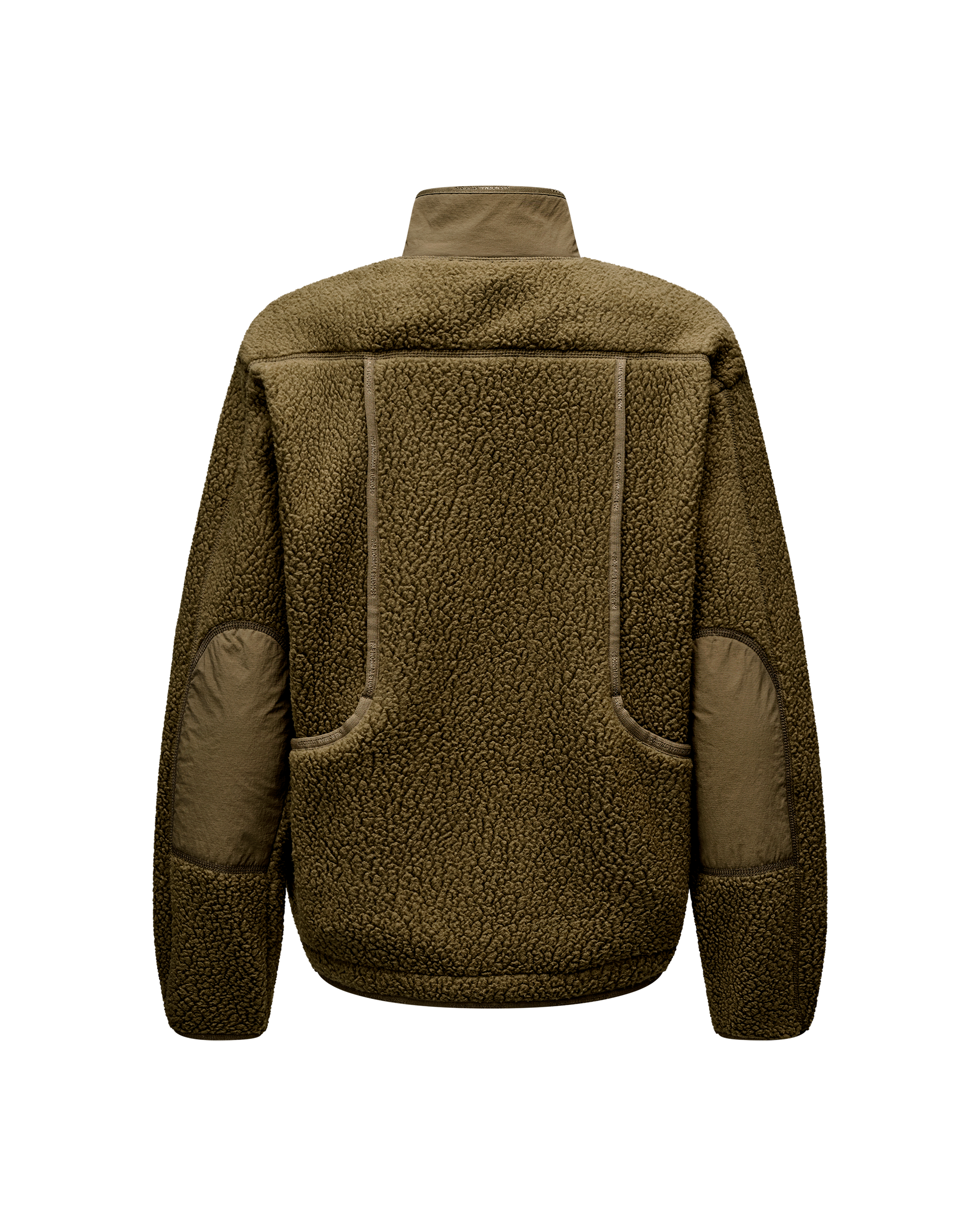 Deep Olive Off-Race Pile Fleece jacket, rear flat lay with contrast nylon panels and back pockets