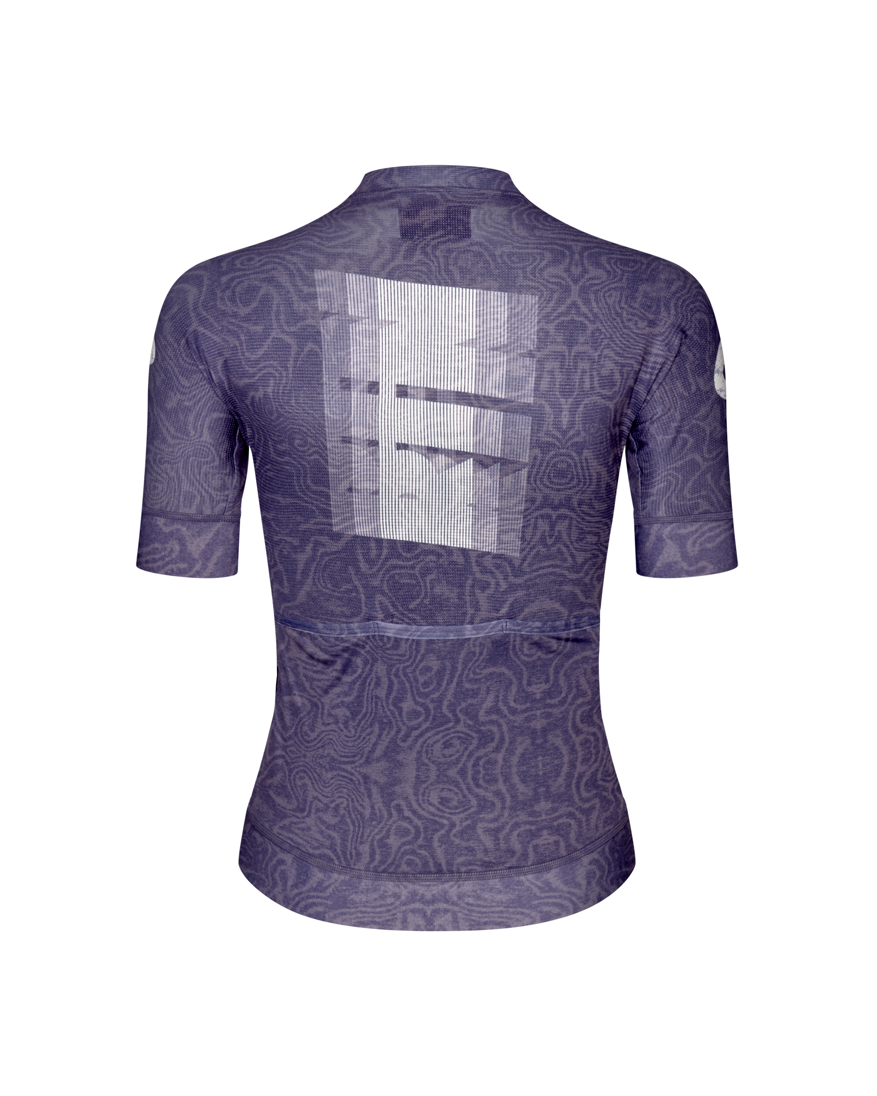 Purple Mechanism women's cycling jersey, rear flat lay with tonal all-over pattern and graphic back print