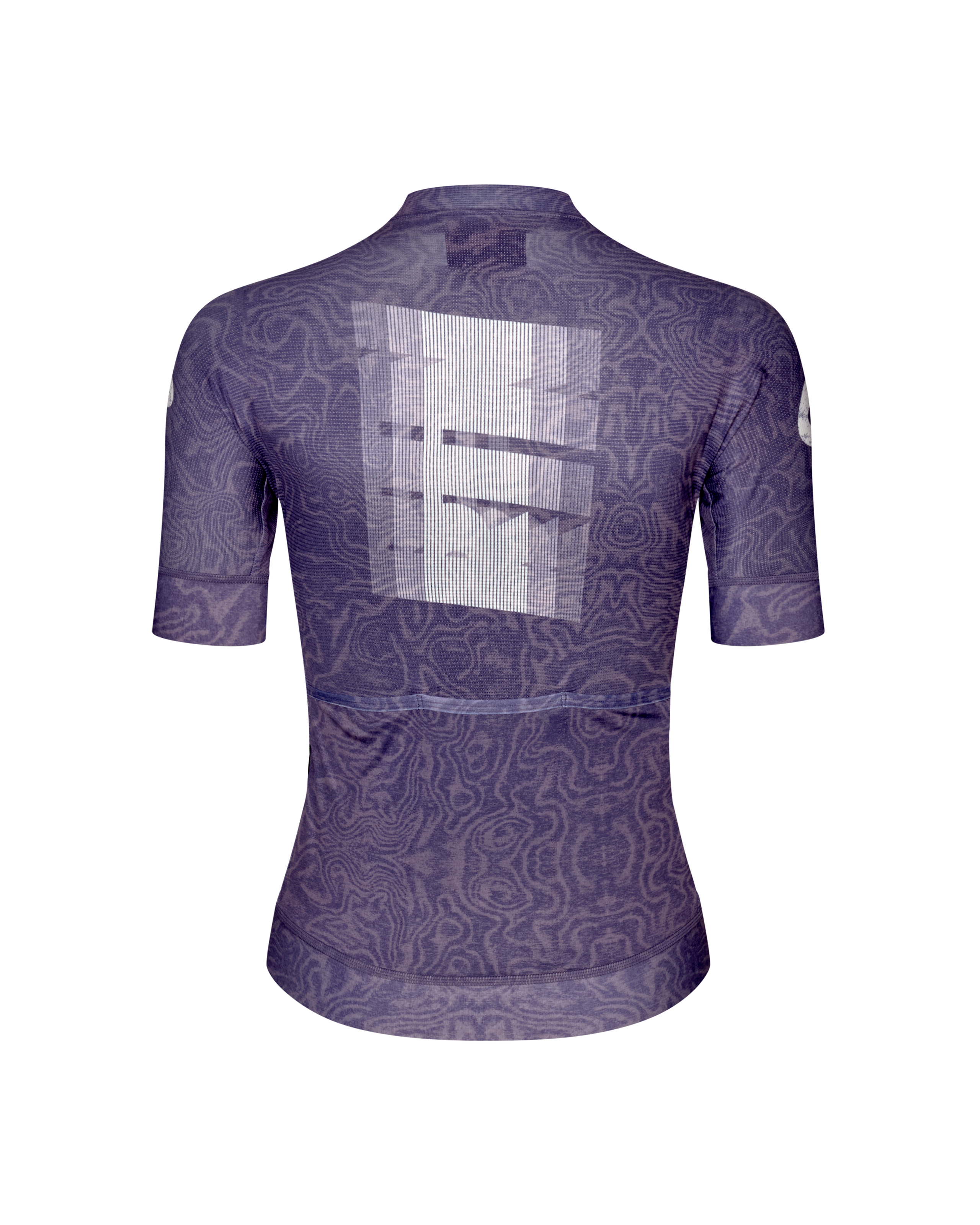 Purple Mechanism women's cycling jersey, rear flat lay with tonal all-over pattern and graphic back print