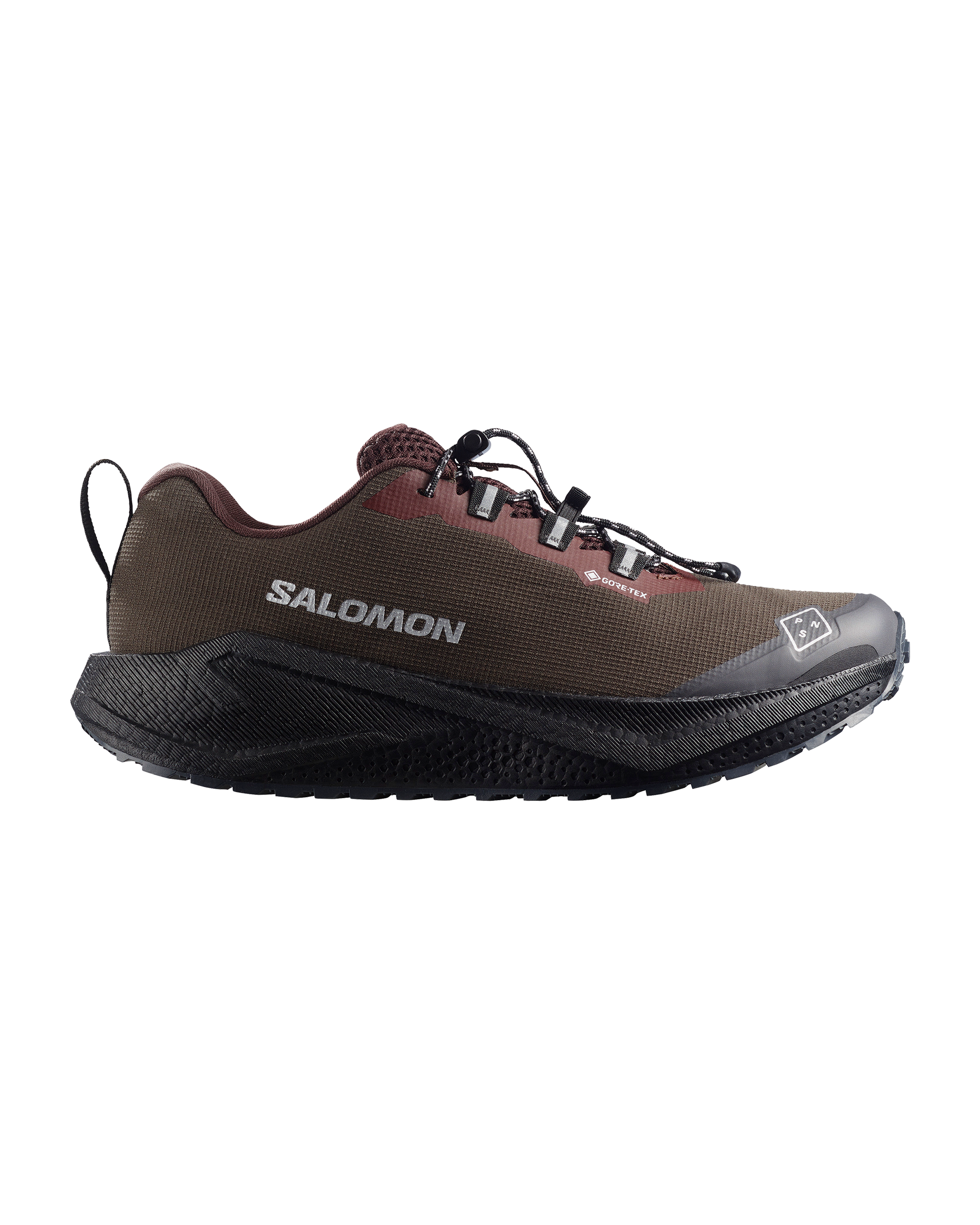 Light Brown Salomon AERO BLAZE 4 GRVL GTX trail shoe, side view with black outsole and quick-lace system