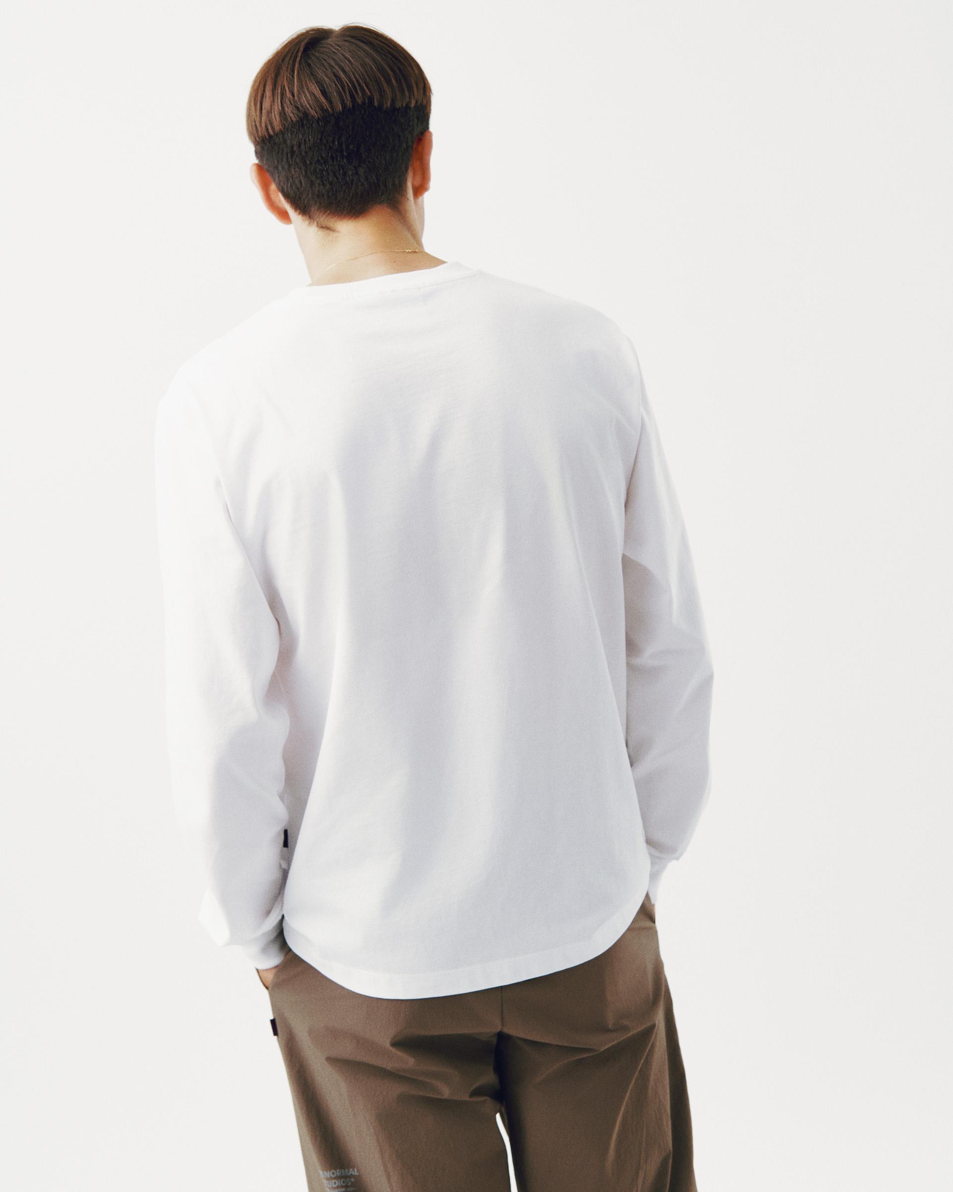 White Off-Race Graphic long sleeve t-shirt, rear view on model