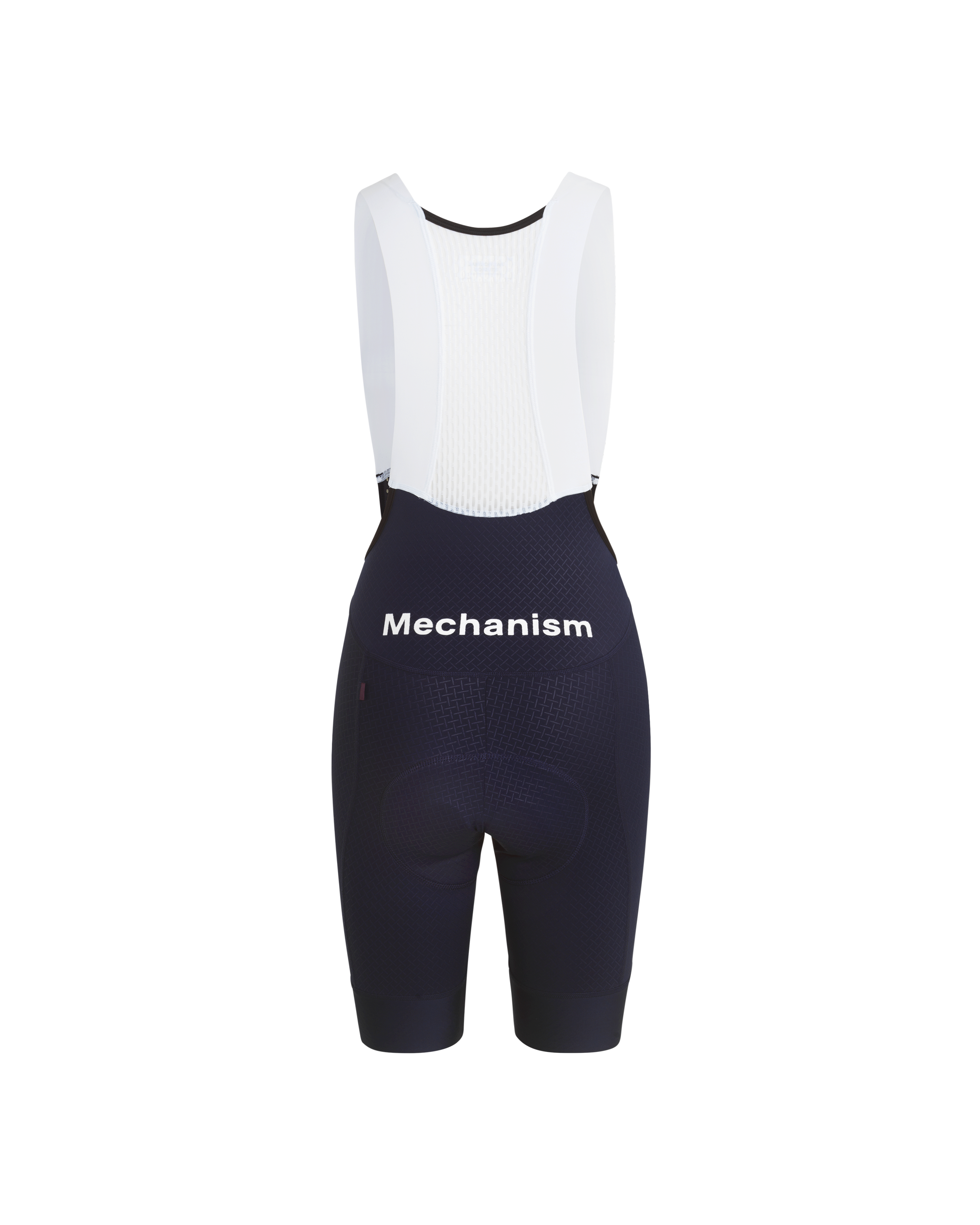 Navy Mechanism cycling bibs, front flat lay with white mesh bib and contrast shoulder straps