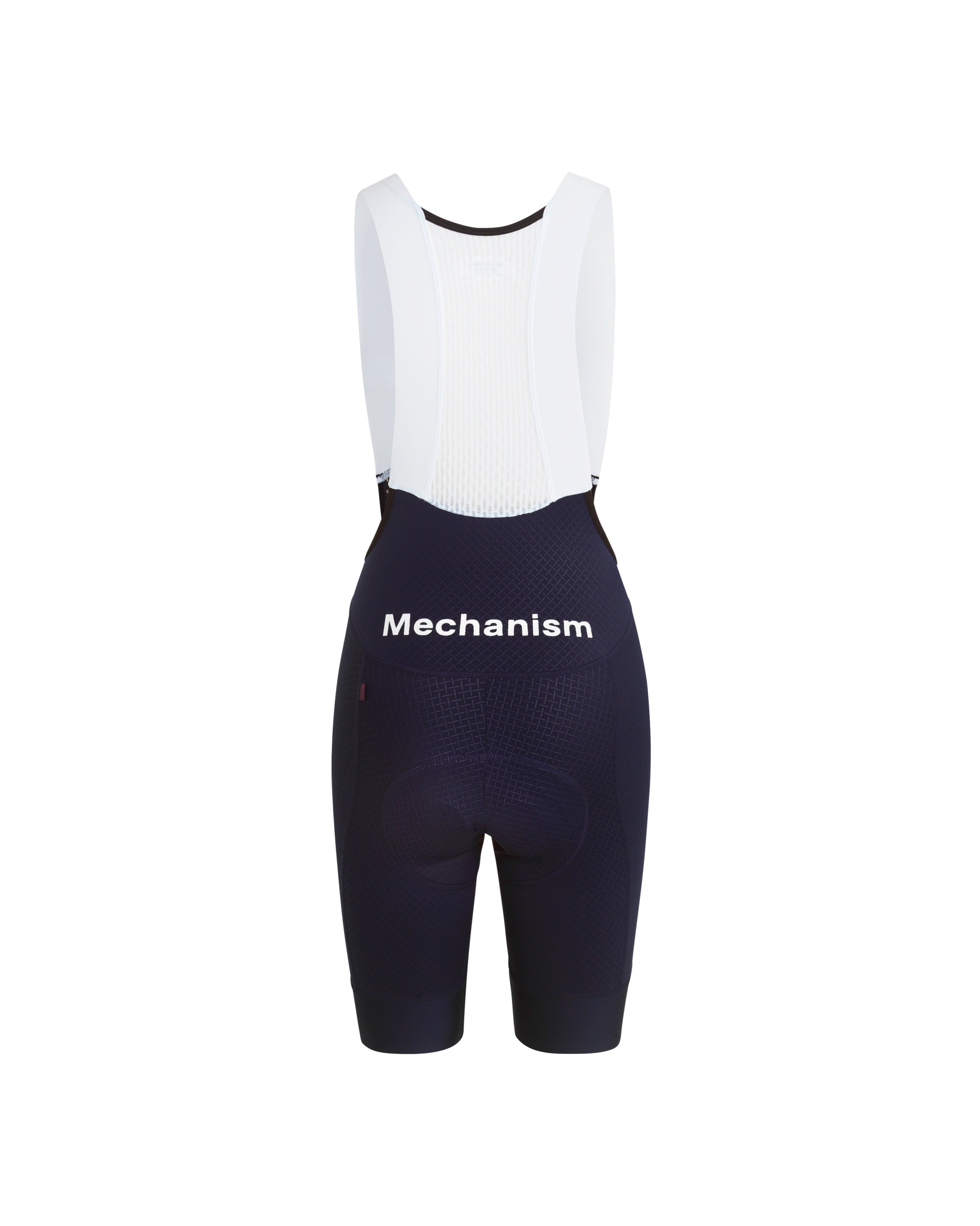 Navy Mechanism cycling bibs, front flat lay with white mesh bib and contrast shoulder straps