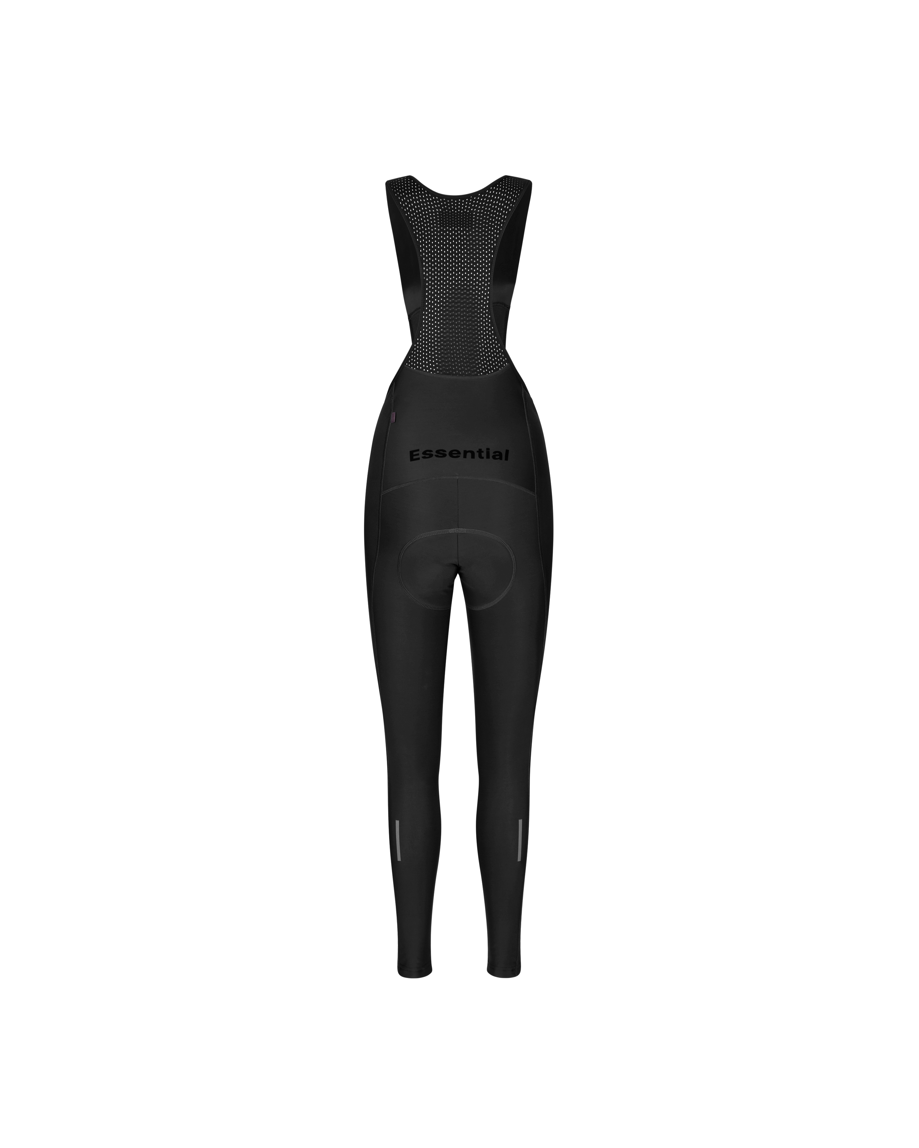 Black Essential women's cycling thermal long bibs, rear view on mannequin with mesh bib panel and reflective ankle strips