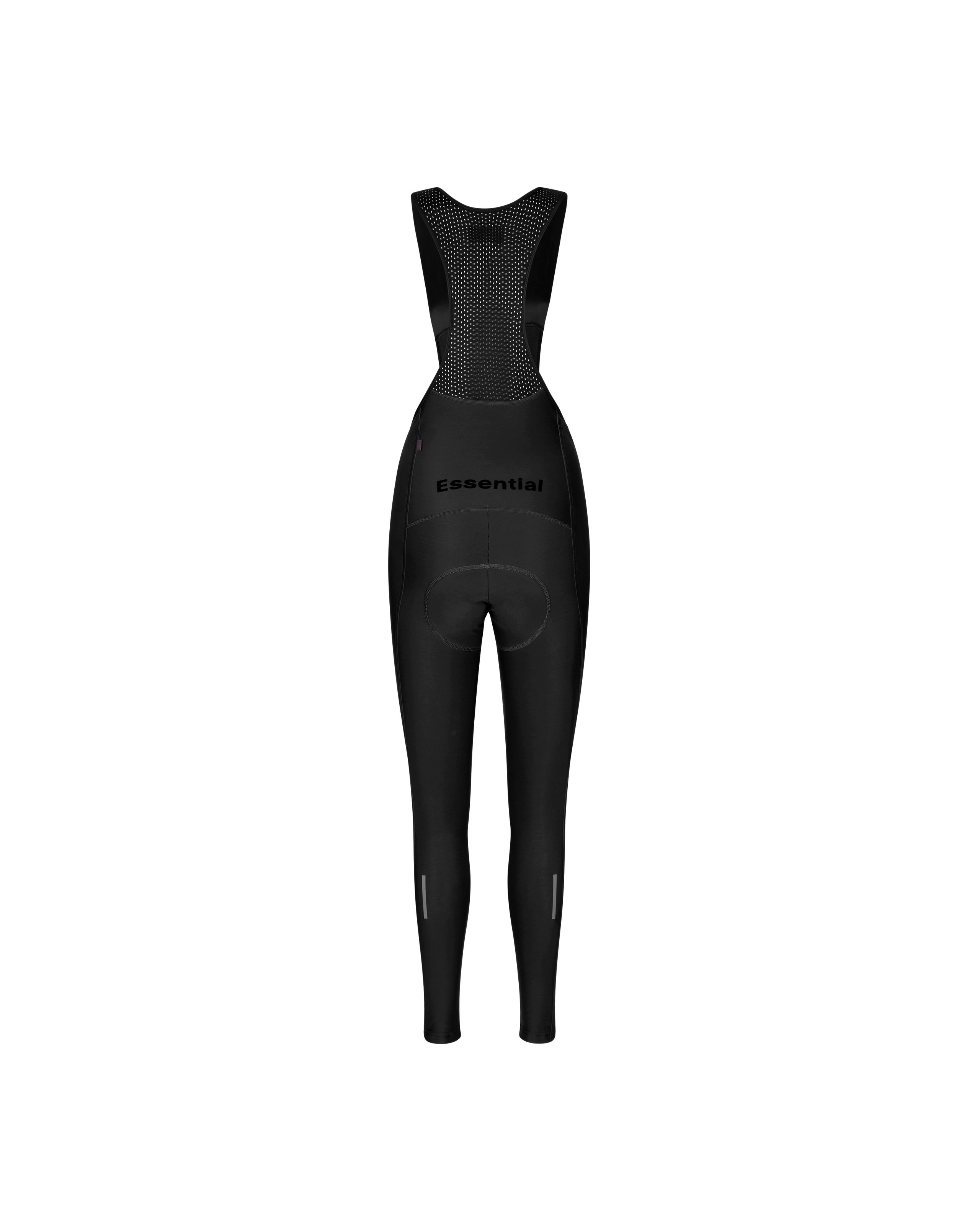 Black Essential women's cycling thermal long bibs, rear view on mannequin with mesh bib panel and reflective ankle strips